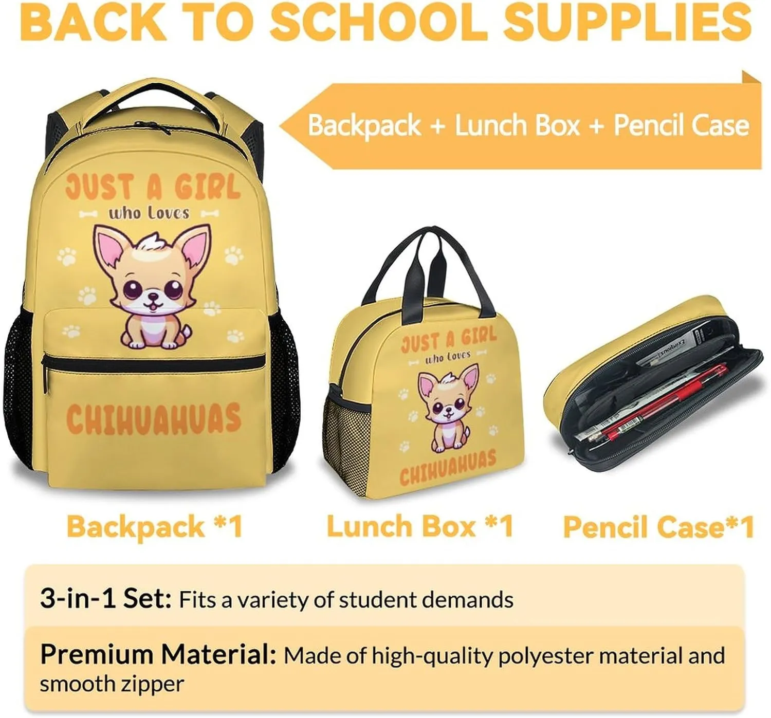 Chihuahua Backpack with Lunch Box, Set of 3 School Backpacks Matching Combo, Cute Yellow Bookbag and Pencil Case Bundle