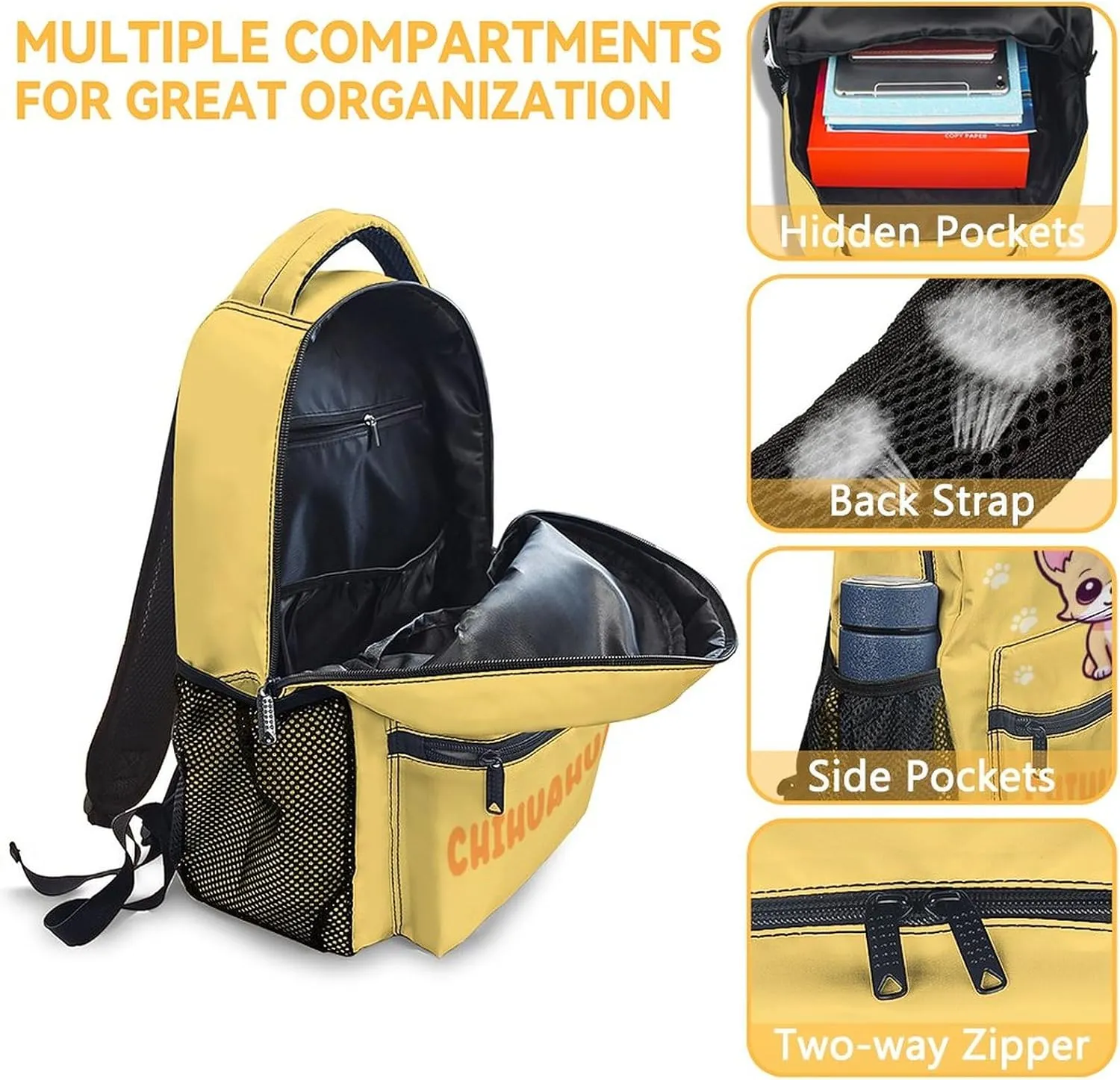 Chihuahua Backpack with Lunch Box, Set of 3 School Backpacks Matching Combo, Cute Yellow Bookbag and Pencil Case Bundle
