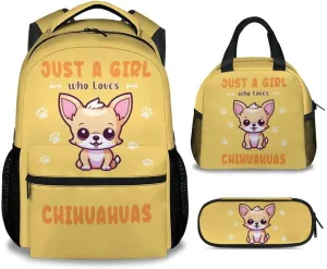 Chihuahua Backpack with Lunch Box, Set of 3 School Backpacks Matching Combo, Cute Yellow Bookbag and Pencil Case Bundle