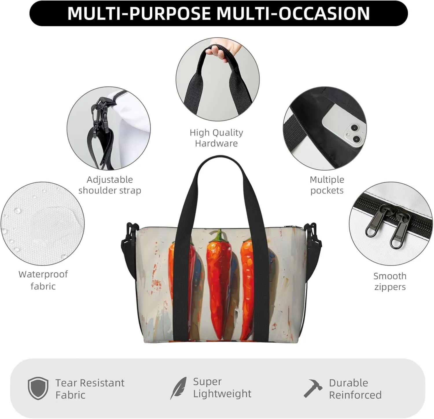 chilies print Travel Duffel Bag, Sports Tote Gym Bag, Swim Pool Bag Large Shoulder Tote Bag for Beach Weekender