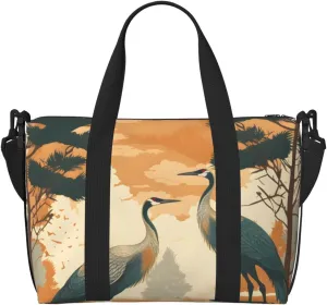 Chinese Pine Trees And Crane Flying Travel Bag, Japanese Crane Weekender Overnight Bag, Shoulder Travel Duffel Bag Carry On Gym Bag for Women Men
