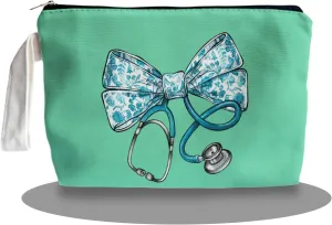 Chinoiserie Bow Stethoscope Nurse Green Makeup Bag - Trendy Nurse Themed Gifts for Girls Mom Women, Bow Stethoscope Nurse Cosmetic Bag, Nursing Student Gifts, Canvas Zipper Makeup Bag