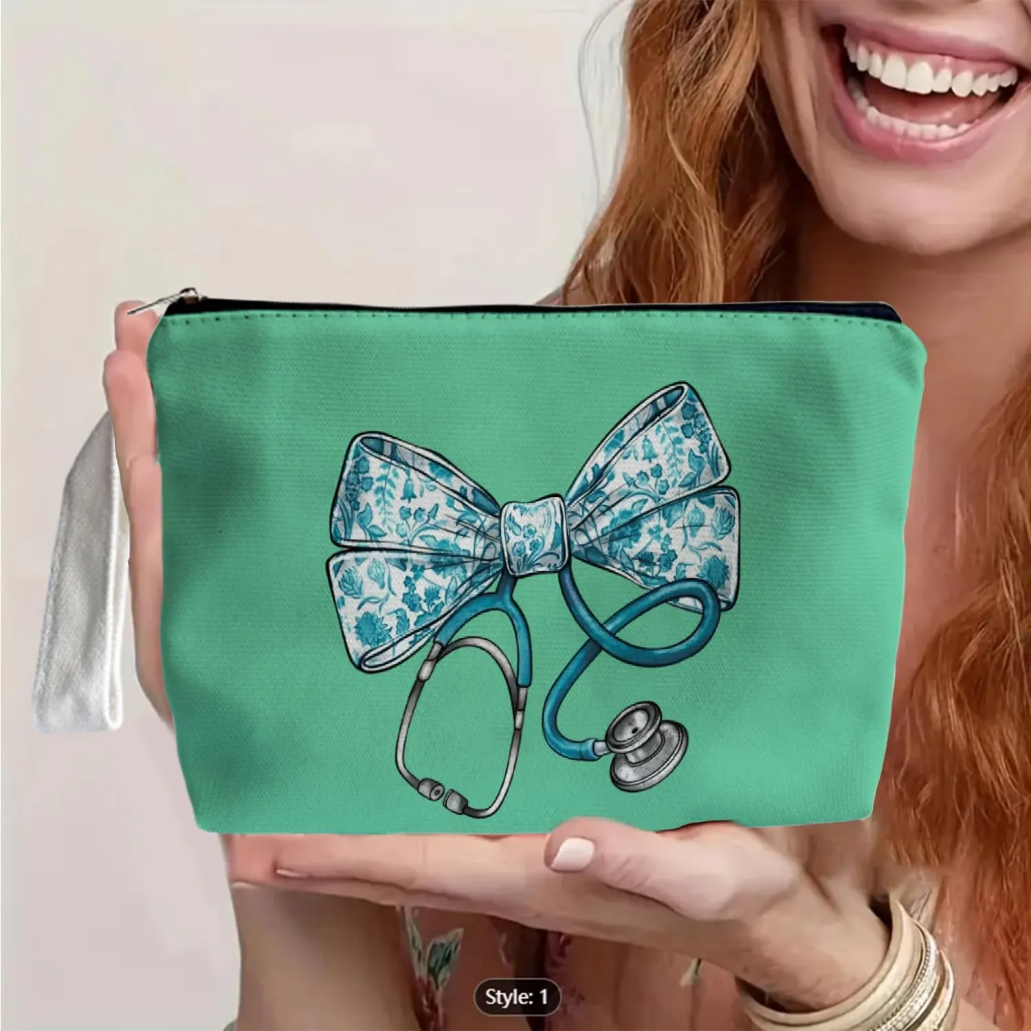 Chinoiserie Bow Stethoscope Nurse Green Makeup Bag - Trendy Nurse Themed Gifts for Girls Mom Women, Bow Stethoscope Nurse Cosmetic Bag, Nursing Student Gifts, Canvas Zipper Makeup Bag