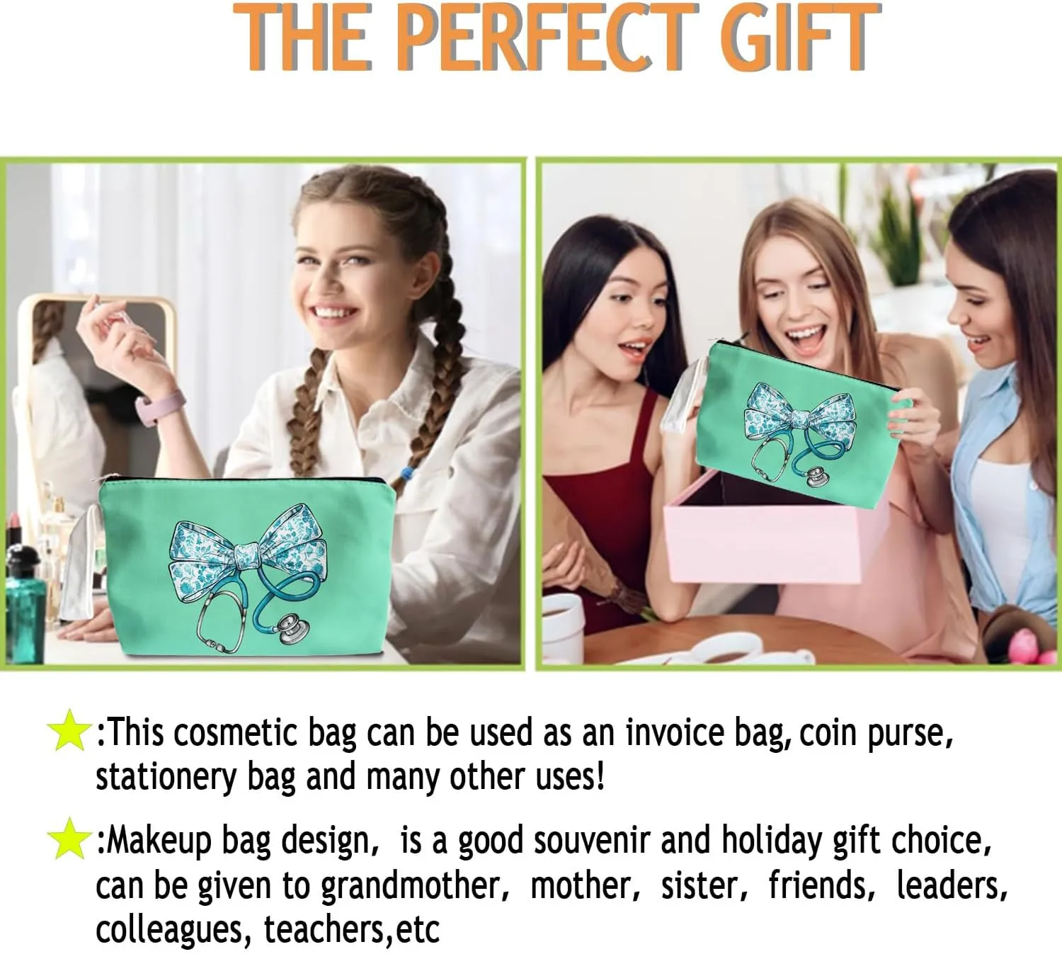 Chinoiserie Bow Stethoscope Nurse Green Makeup Bag - Trendy Nurse Themed Gifts for Girls Mom Women, Bow Stethoscope Nurse Cosmetic Bag, Nursing Student Gifts, Canvas Zipper Makeup Bag