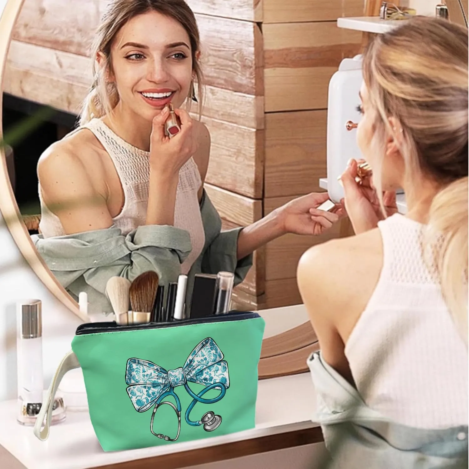 Chinoiserie Bow Stethoscope Nurse Green Makeup Bag - Trendy Nurse Themed Gifts for Girls Mom Women, Bow Stethoscope Nurse Cosmetic Bag, Nursing Student Gifts, Canvas Zipper Makeup Bag
