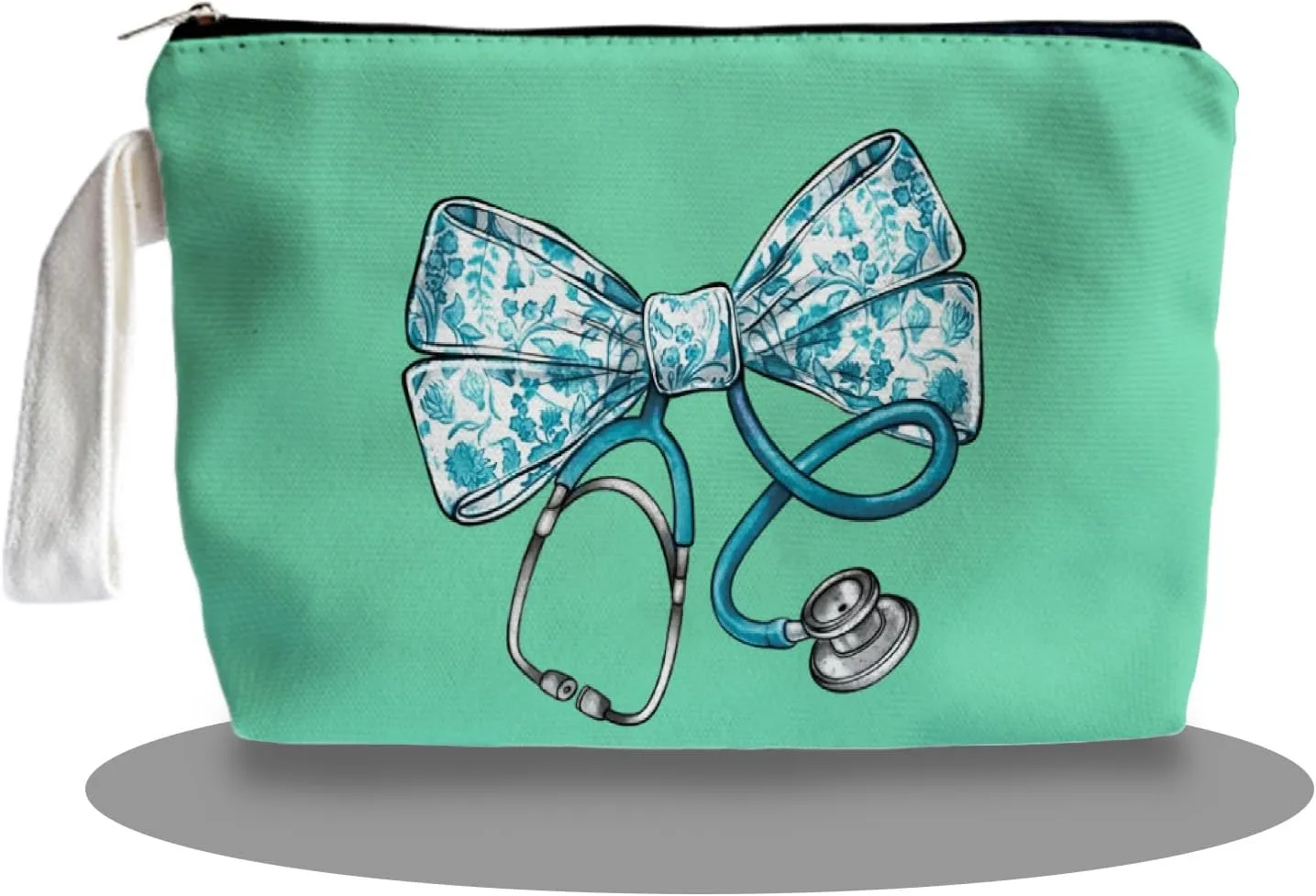 Chinoiserie Bow Stethoscope Nurse Green Makeup Bag - Trendy Nurse Themed Gifts for Girls Mom Women, Bow Stethoscope Nurse Cosmetic Bag, Nursing Student Gifts, Canvas Zipper Makeup Bag