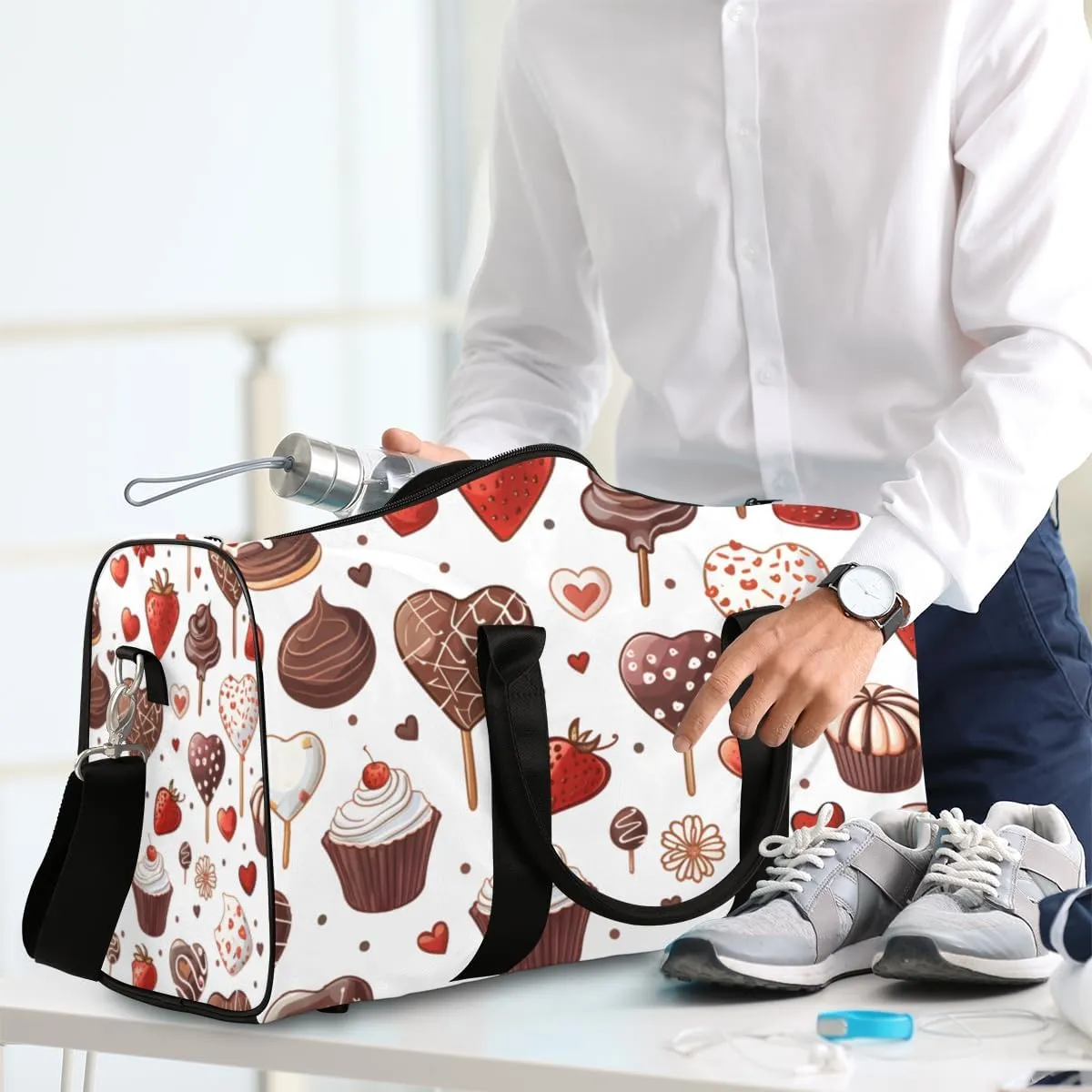 Chocolate Cake Travel Duffle Bag for Women Men Gym Duffel Foldable Bag Waterproof Weekender Strawberry Cherry Duffle Tote