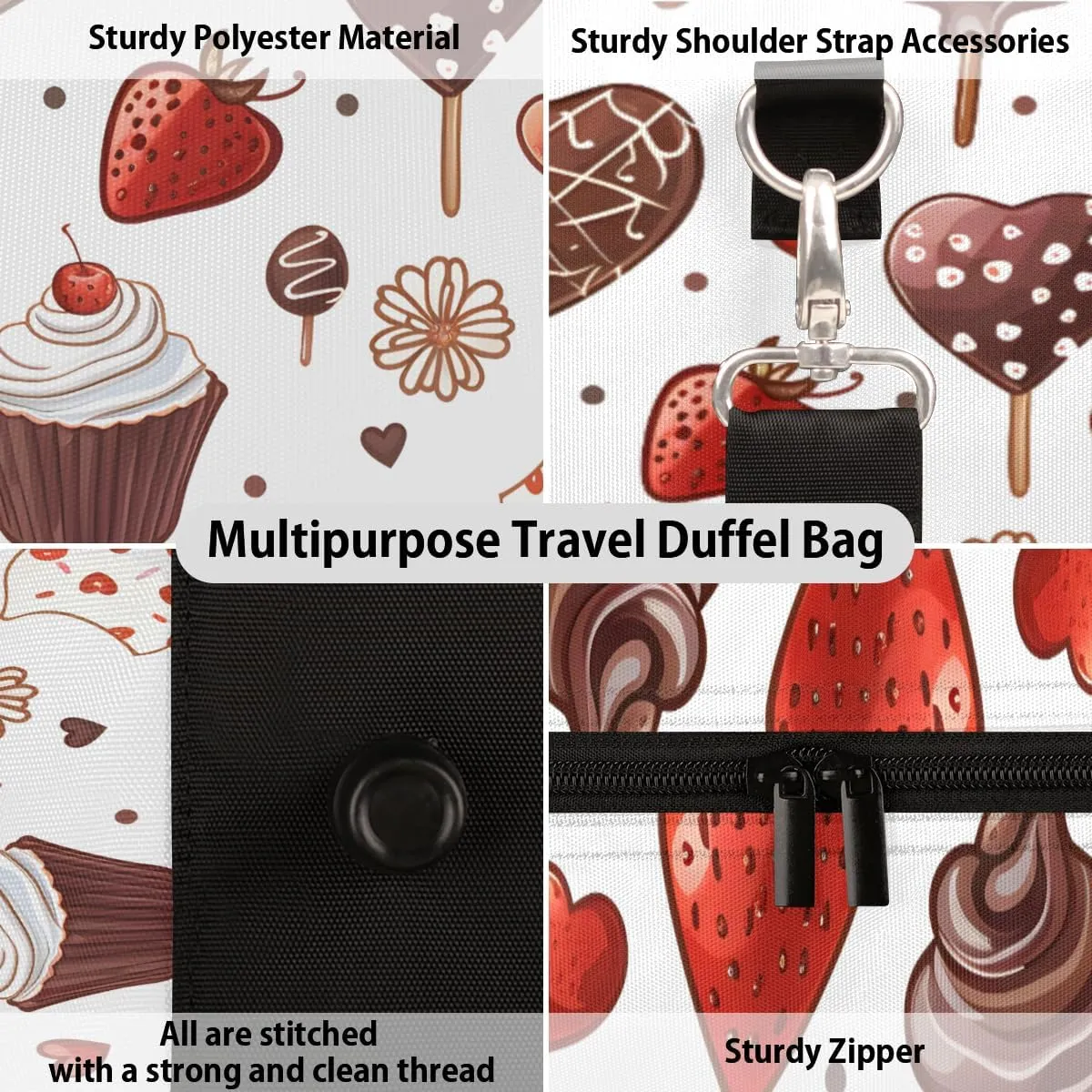 Chocolate Cake Travel Duffle Bag for Women Men Gym Duffel Foldable Bag Waterproof Weekender Strawberry Cherry Duffle Tote