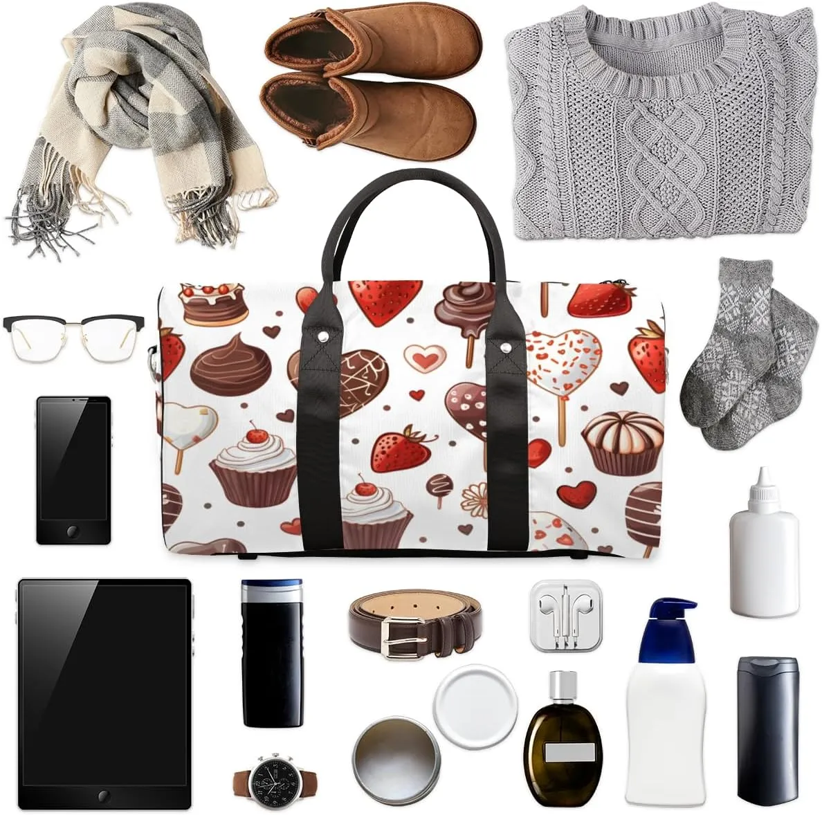 Chocolate Cake Travel Duffle Bag for Women Men Gym Duffel Foldable Bag Waterproof Weekender Strawberry Cherry Duffle Tote