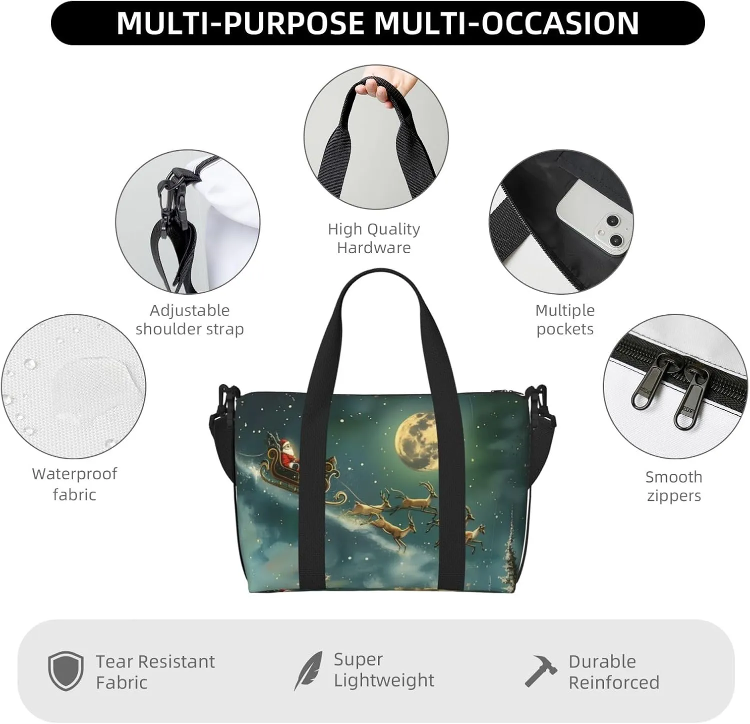 Christmas Santa Claus art print Travel Duffel Bag, Sports Tote Gym Bag, Swim Pool Bag Large Shoulder Tote Bag for Beach Weekender