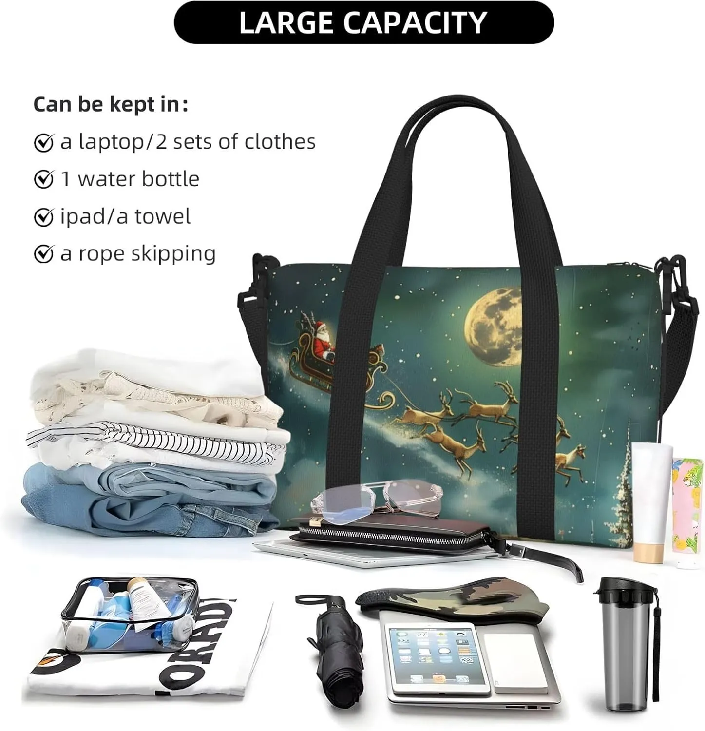 Christmas Santa Claus art print Travel Duffel Bag, Sports Tote Gym Bag, Swim Pool Bag Large Shoulder Tote Bag for Beach Weekender