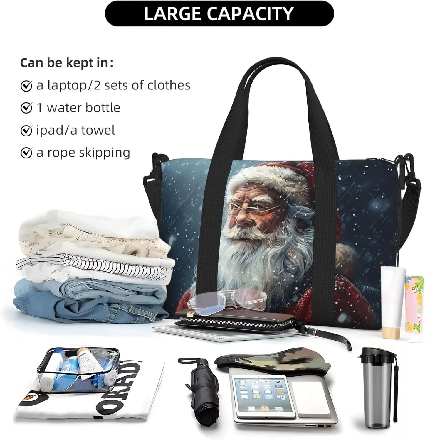 Christmas santa claus snow print Travel Duffel Bag, Sports Tote Gym Bag, Swim Pool Bag Large Shoulder Tote Bag for Beach Weekender