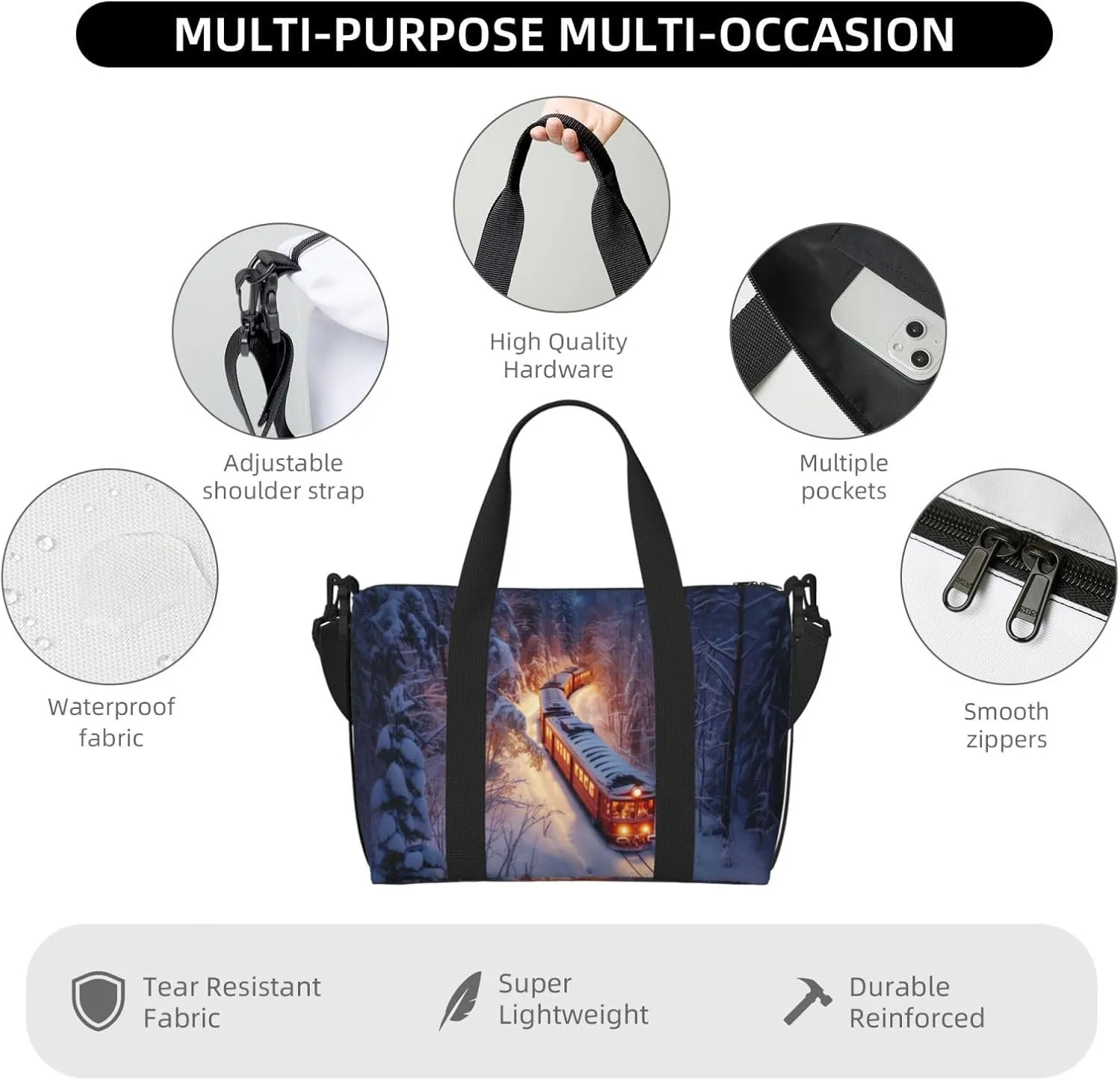 Christmas train print Travel Duffel Bag, Sports Tote Gym Bag, Swim Pool Bag Large Shoulder Tote Bag for Beach Weekender