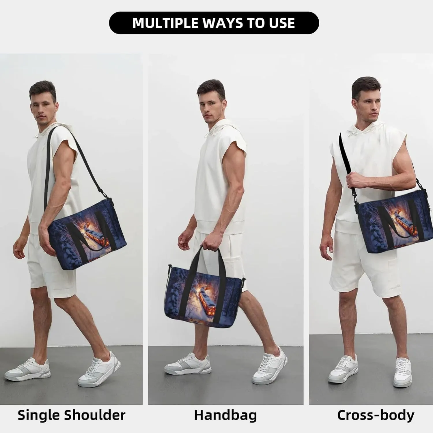 Christmas train print Travel Duffel Bag, Sports Tote Gym Bag, Swim Pool Bag Large Shoulder Tote Bag for Beach Weekender