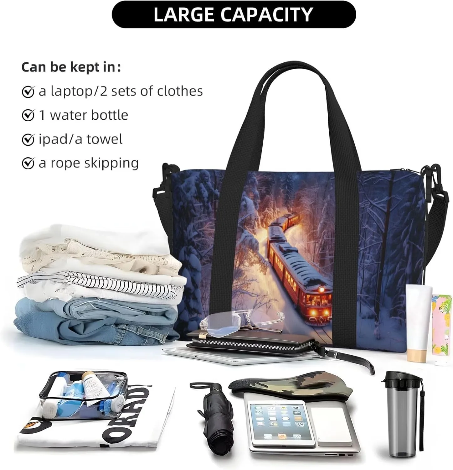 Christmas train print Travel Duffel Bag, Sports Tote Gym Bag, Swim Pool Bag Large Shoulder Tote Bag for Beach Weekender