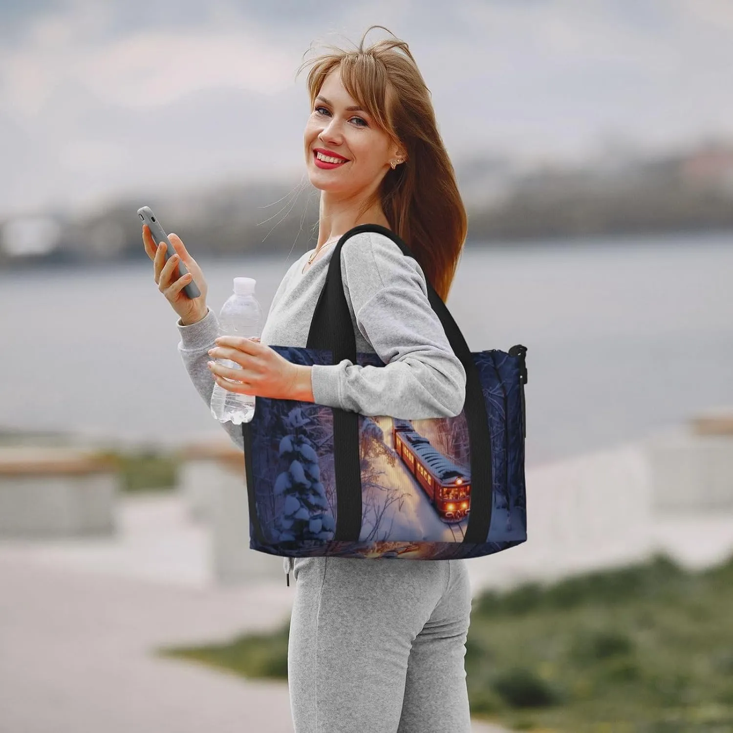 Christmas train print Travel Duffel Bag, Sports Tote Gym Bag, Swim Pool Bag Large Shoulder Tote Bag for Beach Weekender
