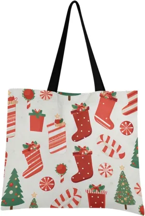 Christmas Tree Candy Stocks Canvas Tote Bag for Women, Reusable Grocery Bag Casual Shoulder Bag for Shopping Travel