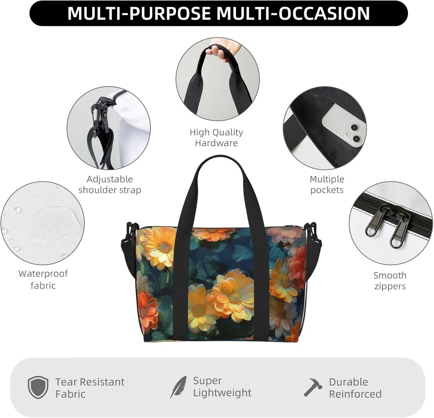 chrysanthemums print Travel Duffel Bag, Sports Tote Gym Bag, Swim Pool Bag Large Shoulder Tote Bag for Beach Weekender