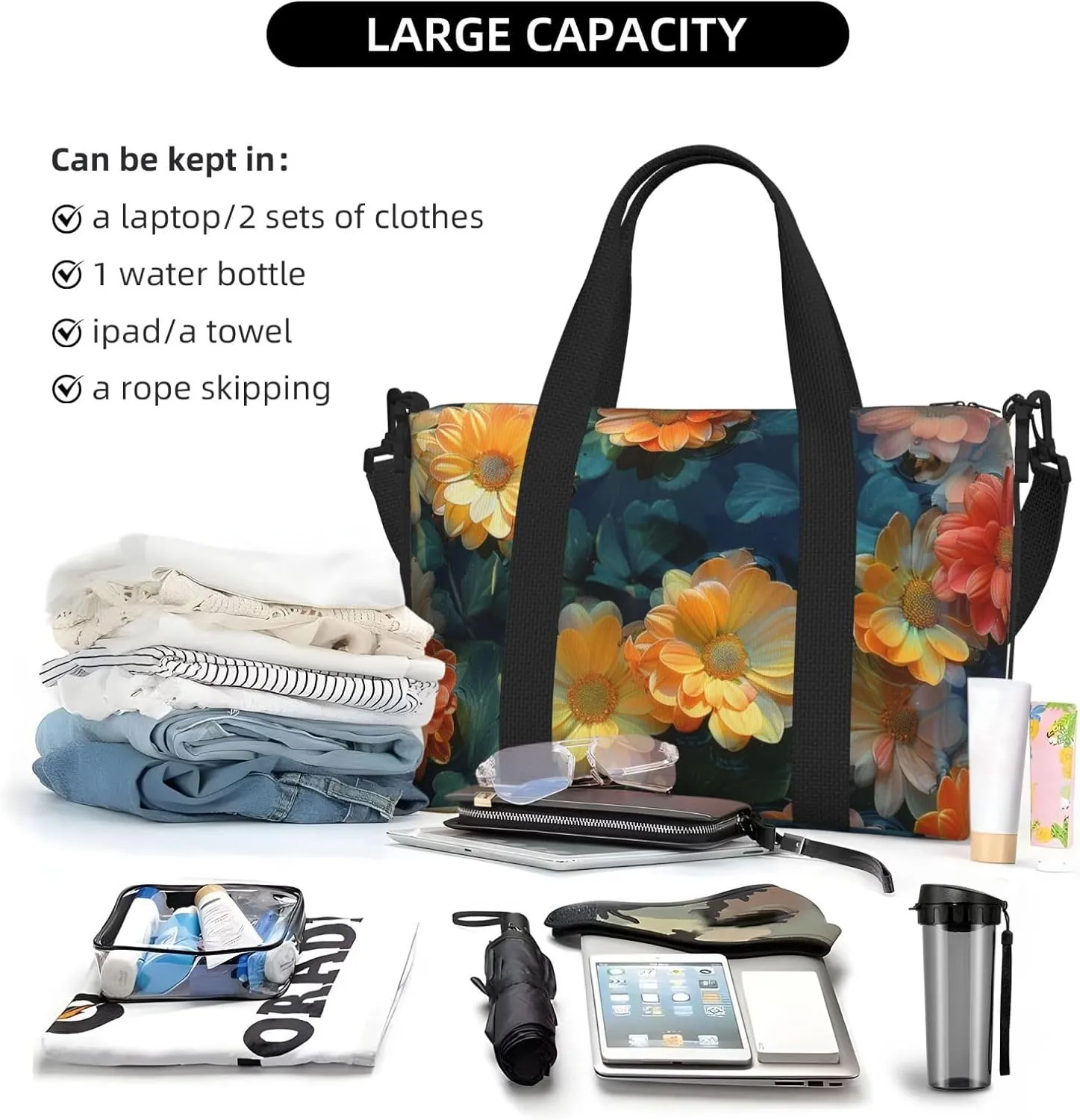 chrysanthemums print Travel Duffel Bag, Sports Tote Gym Bag, Swim Pool Bag Large Shoulder Tote Bag for Beach Weekender