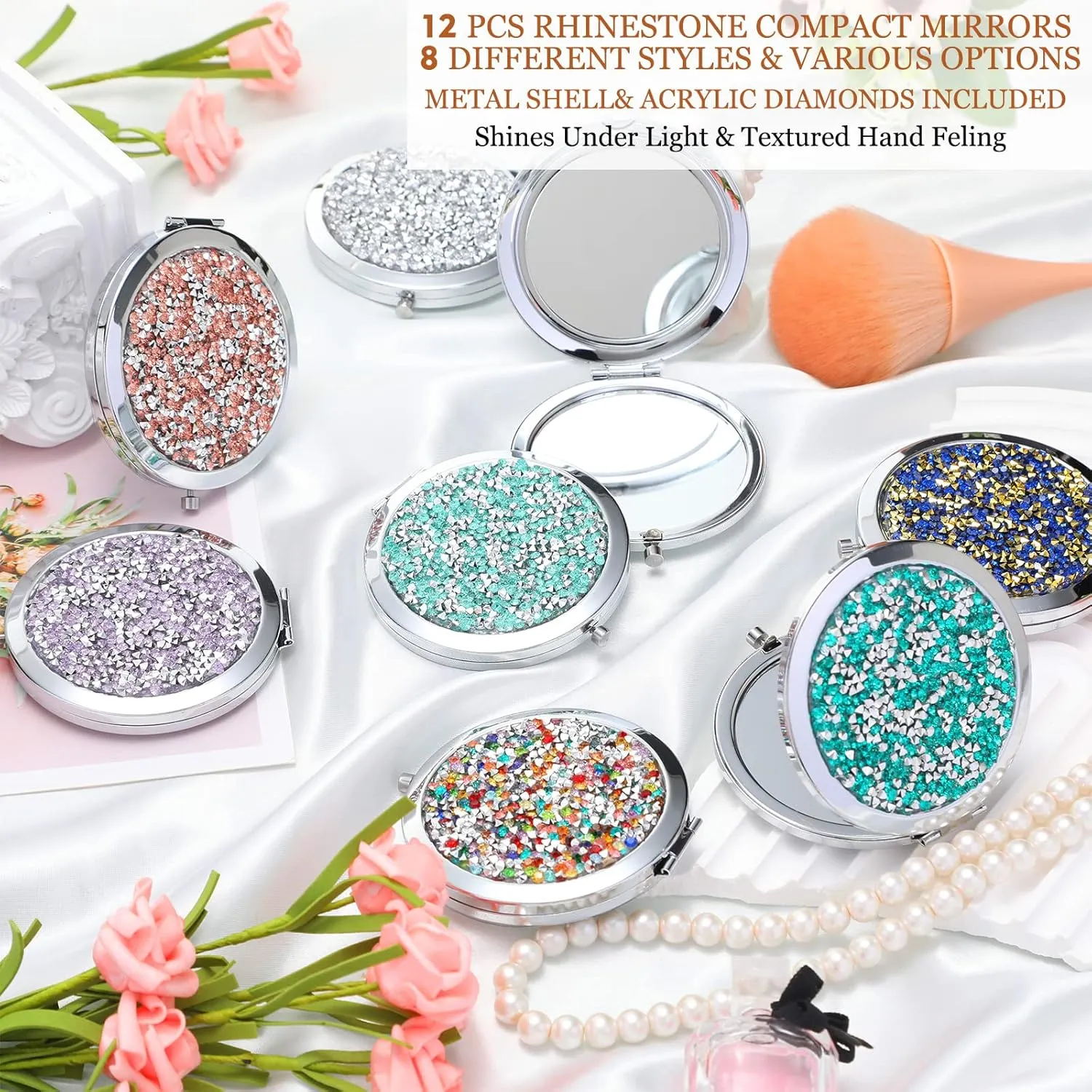 Cindeer 12 Pcs Small Compact Mirror Folding Pocket Makeup Round Hand Held Cosmetic Magnifying Compact Rhinestone Mirror with 1X/2X Magnification for Women Girls Travel (Bright Colors)