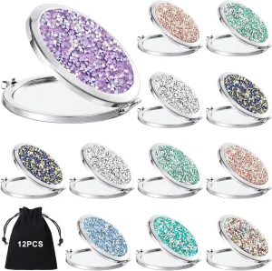 Cindeer 12 Pcs Small Compact Mirror Folding Pocket Makeup Round Hand Held Cosmetic Magnifying Compact Rhinestone Mirror with 1X/2X Magnification for Women Girls Travel (Bright Colors)