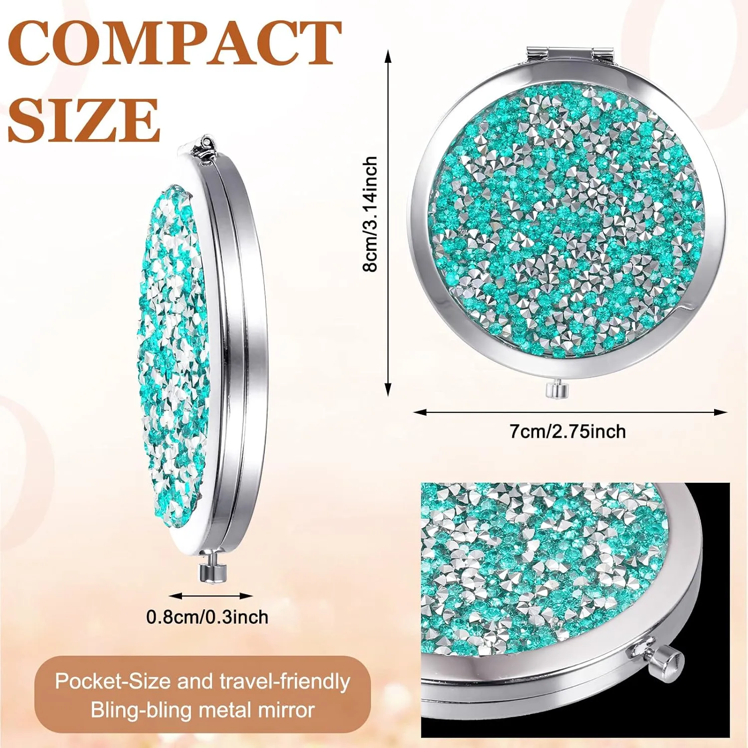 Cindeer 12 Pcs Small Compact Mirror Folding Pocket Makeup Round Hand Held Cosmetic Magnifying Compact Rhinestone Mirror with 1X/2X Magnification for Women Girls Travel (Bright Colors)