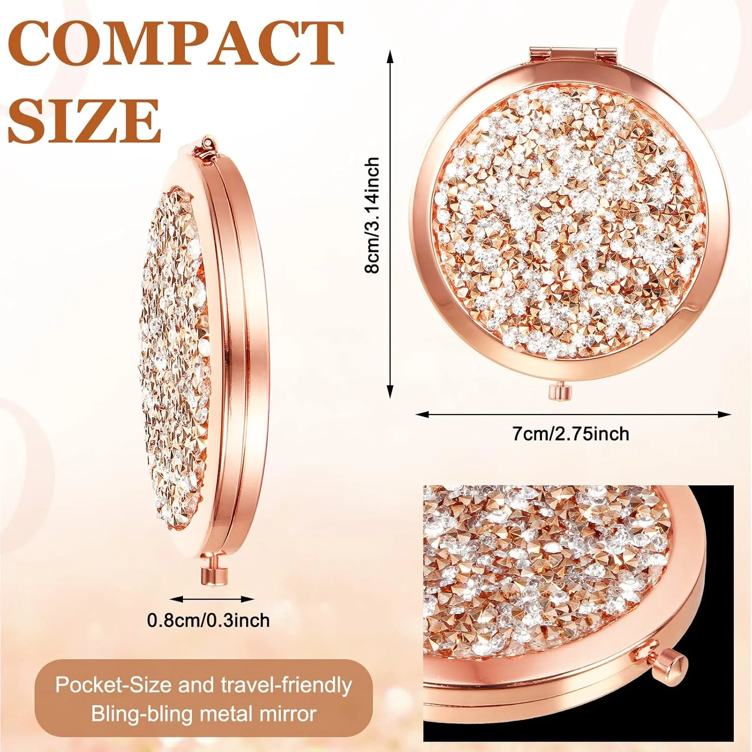 Cindeer 48 Pcs Small Compact Mirror Folding Pocket Makeup Round Hand Held Cosmetic Magnifying Compact Rhinestone Mirror with 1X/2X Magnification for Women Girls Travel (Classic Colors)
