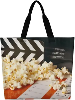 Cinema Clapboard And Popcorn Tote Bag Large Women Casual Shoulder Bag Reusable Grocery Bag Fasion Handbag for Office Shopping Travel