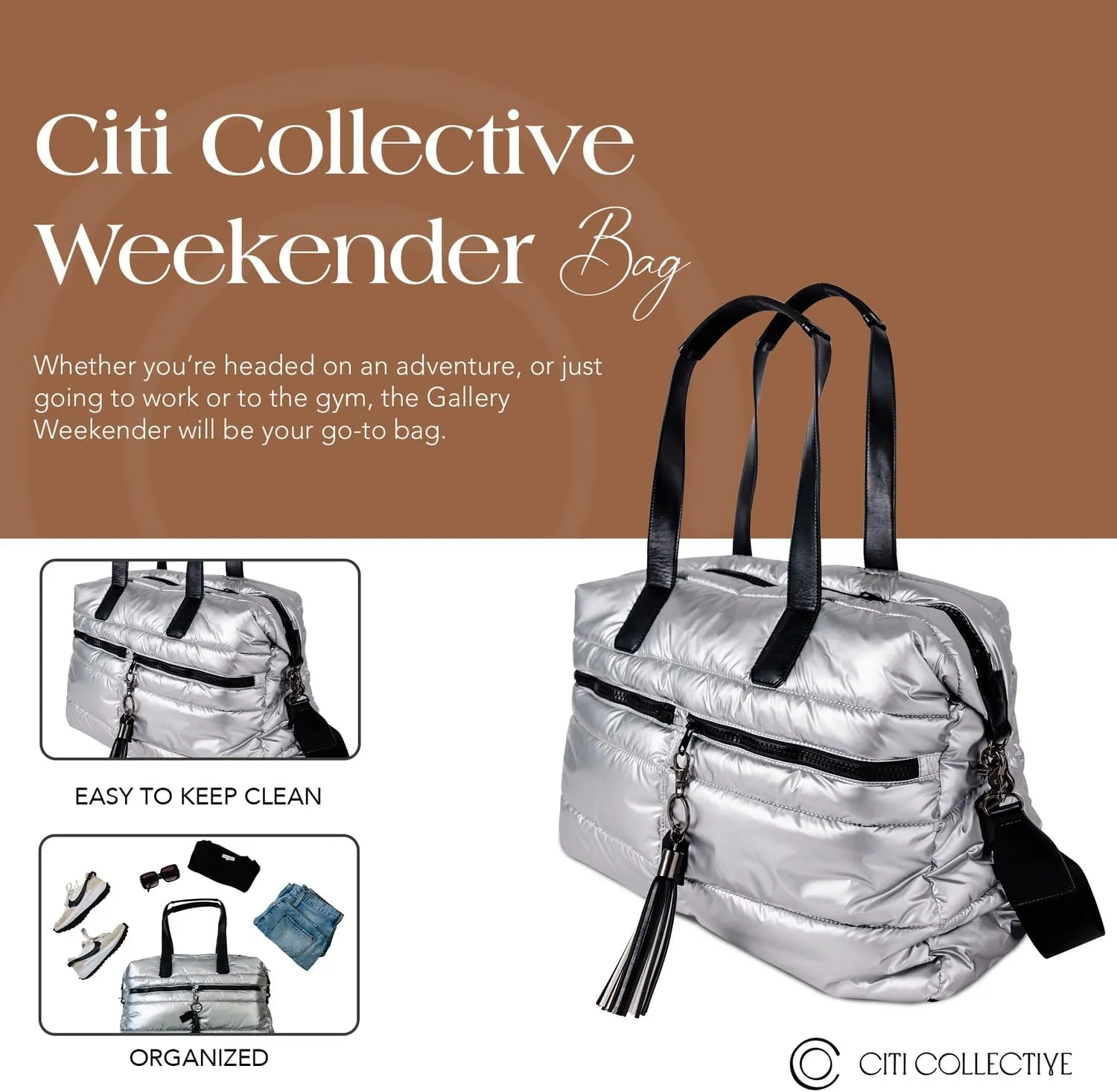 Citi Collective Gallery Weekender Bags for Women-Silver | Versatile Work Bag | Travel Bag with Adjustable Straps for women | Laptop sleeve inside comes with bonus shoe bag & more