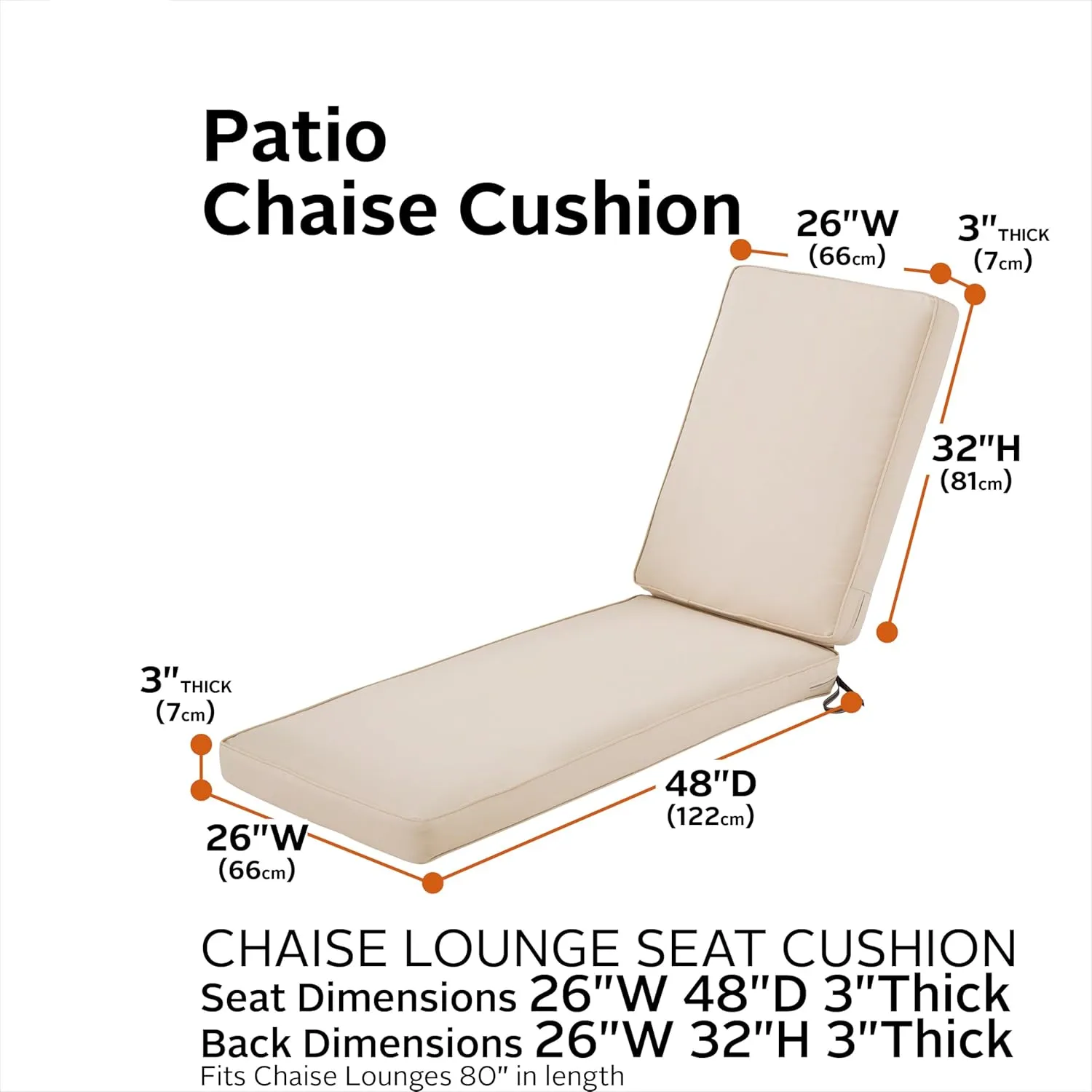 Classic Accessories 62-029-BEIGE-EC Montlake Outdoor Chaise Lounge Cushion, 80 x 26, FadeSafe, Water-Repellent, Antique Beige