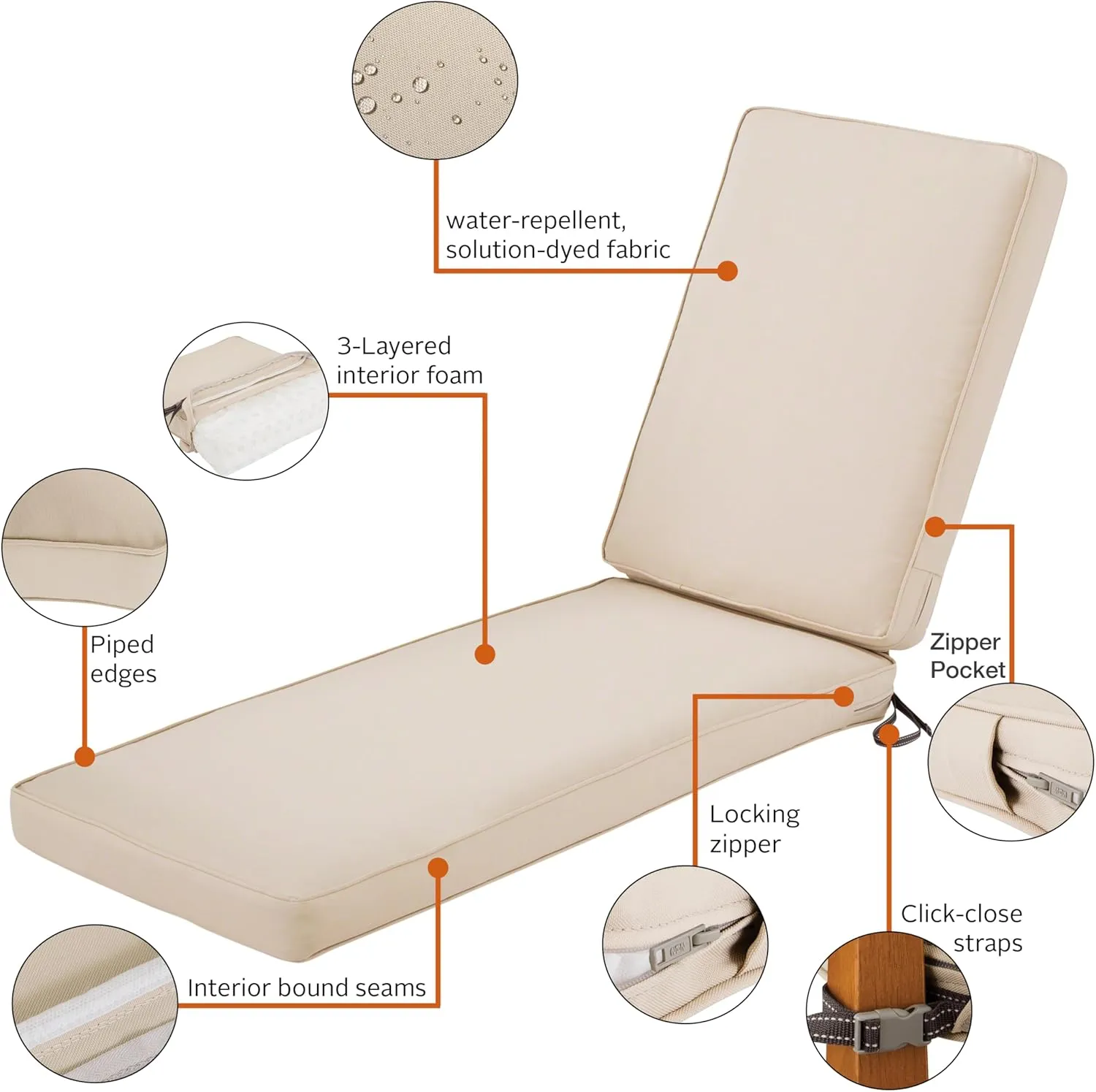 Classic Accessories 62-029-BEIGE-EC Montlake Outdoor Chaise Lounge Cushion, 80 x 26, FadeSafe, Water-Repellent, Antique Beige