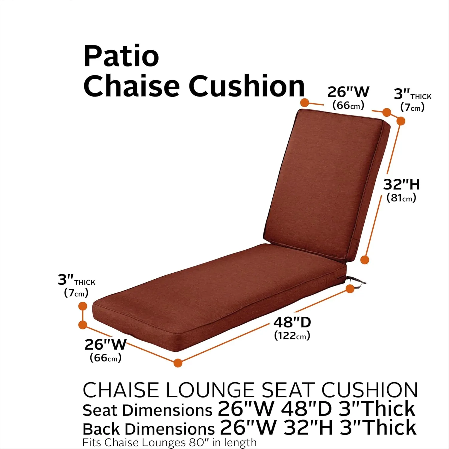 Classic Accessories 62-029-HHENNA-EC Montlake Outdoor Chaise Lounge Cushion, 80 x 26, FadeSafe, Water-Repellent, Heather Henna