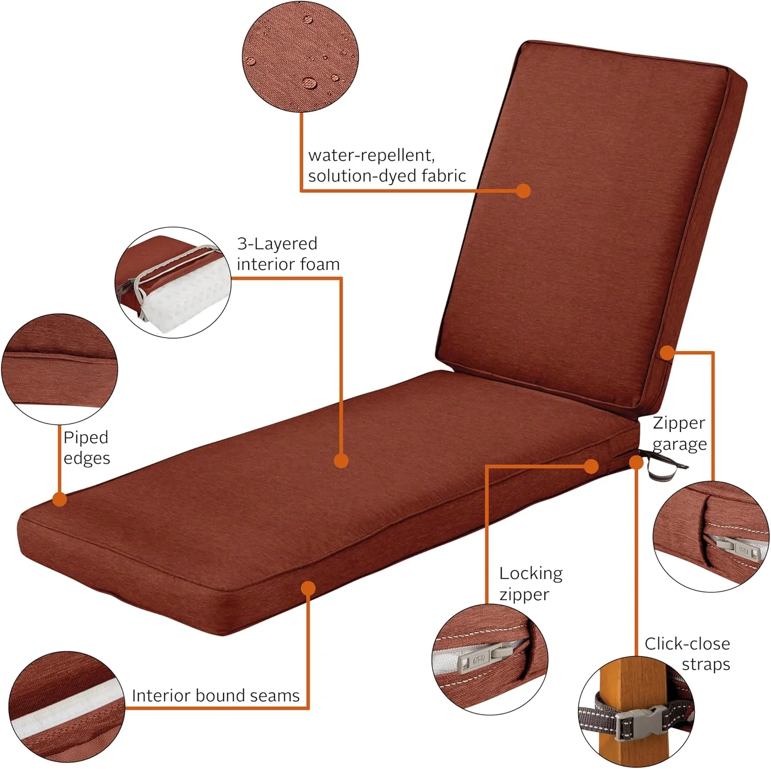 Classic Accessories 62-029-HHENNA-EC Montlake Outdoor Chaise Lounge Cushion, 80 x 26, FadeSafe, Water-Repellent, Heather Henna