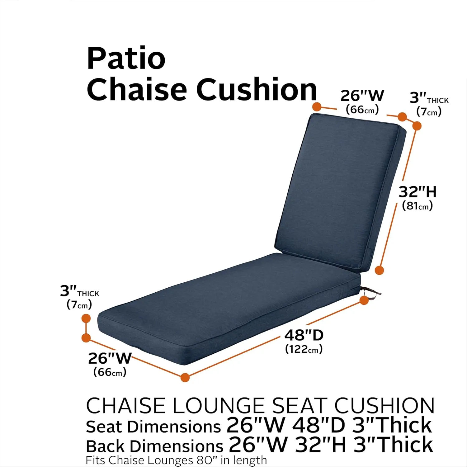Classic Accessories 62-029-INDIGO-EC Montlake Outdoor Chaise Lounge Cushion, 80 x 26, FadeSafe, Water-Repellent, Heather Indigo