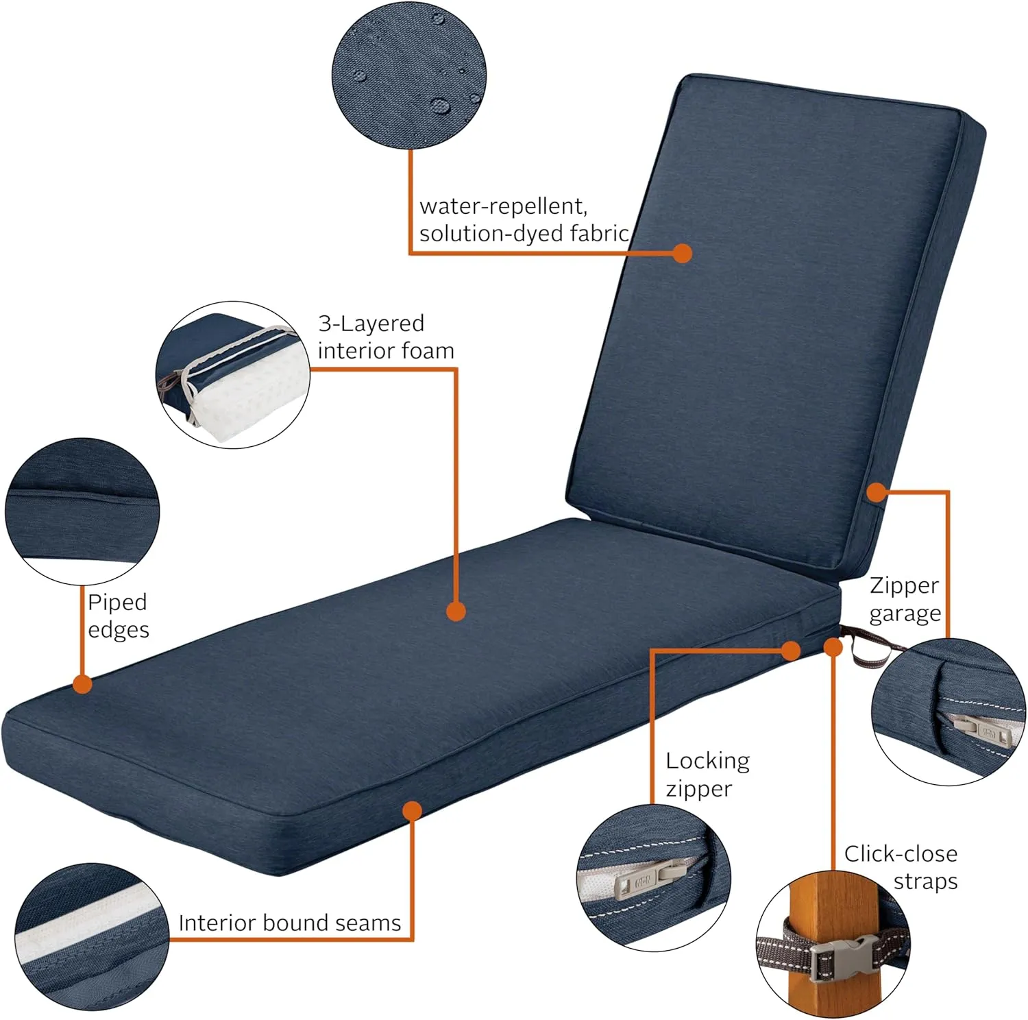 Classic Accessories 62-029-INDIGO-EC Montlake Outdoor Chaise Lounge Cushion, 80 x 26, FadeSafe, Water-Repellent, Heather Indigo
