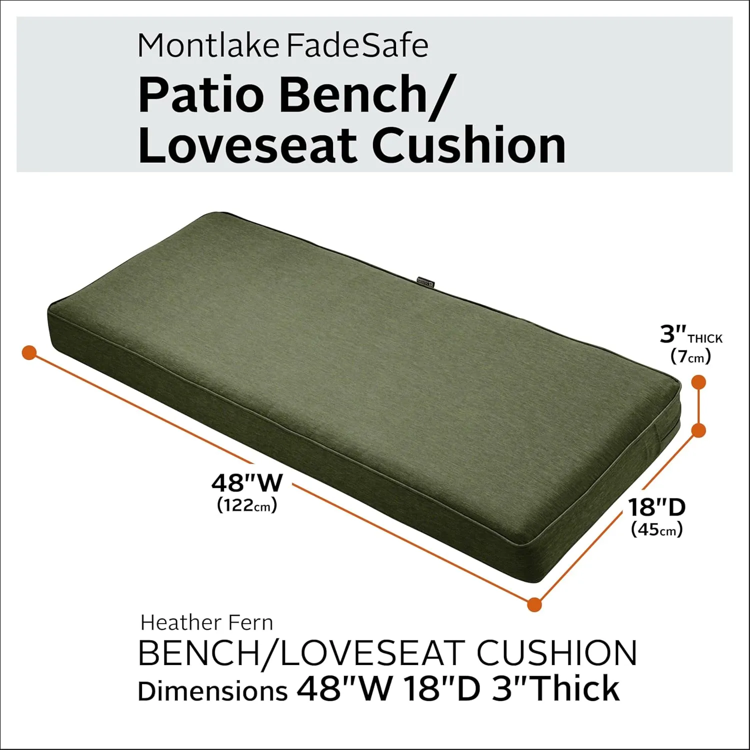 Classic Accessories Montlake FadeSafe Water-Repellent 48 x 18 x 3 Inch Outdoor Bench Cushion, Heather Fern