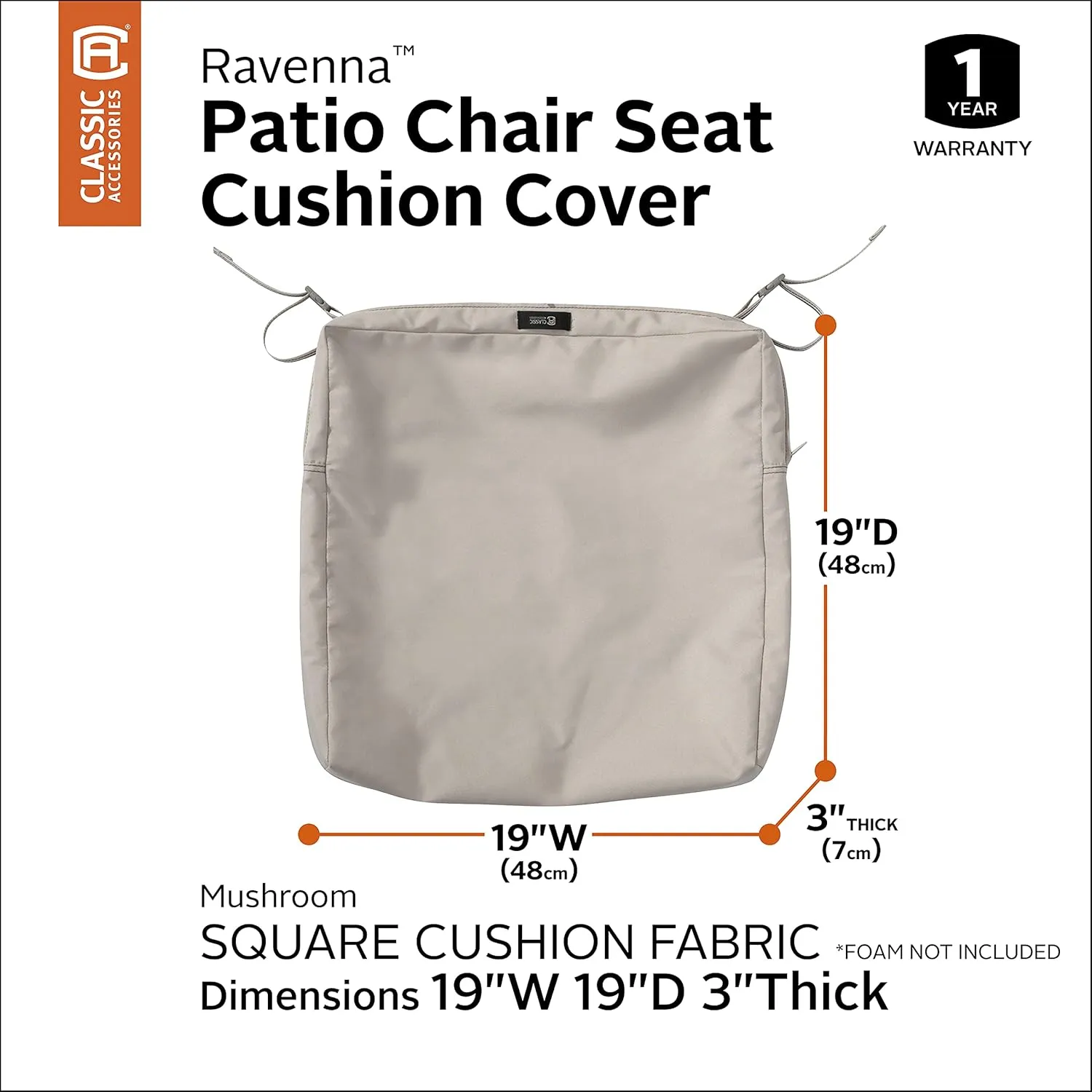 Classic Accessories Ravenna Water-Resistant 19 x 19 x 3 Inch Square Outdoor Seat Cushion Slip Cover, Patio Furniture Chair Cushion Cover, Mushroom, Patio Furniture Cushion Covers