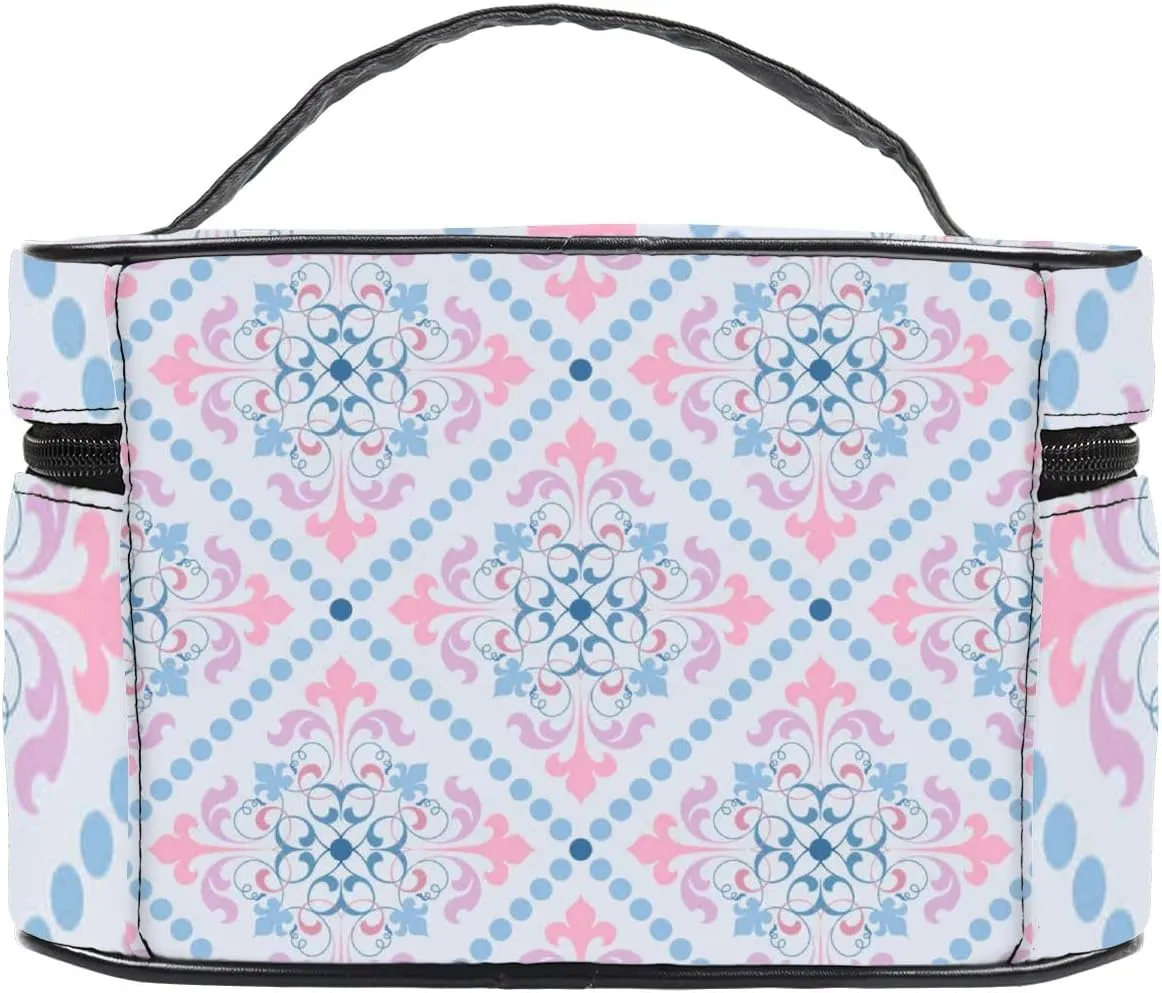 Classic Damask Background Large Capacity Travel Cosmetic Toiletry Makeup Bag Case Waterproof Makeup Organizer Portable Storage Bags with Handle Zipper for Women Girls