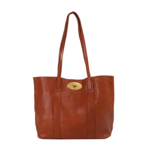 Classic Leather Tote Bag with Gold-Tone Hardware, Large Capacity Shopping Handbag, Black and Brown (Brown)
