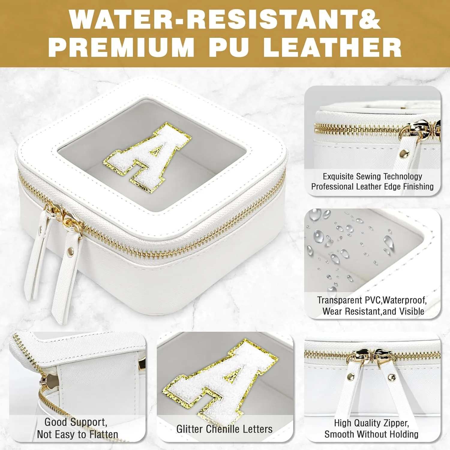 Clear Initial Makeup Bag,Mini Clear Makeup Bag,Personalized Small Clear Cosmetic Bag,Travel Makeup Bag Organizer,Cute Clear Waterproof Toiletry Bag with Zipper,Gifts for Women-A, White