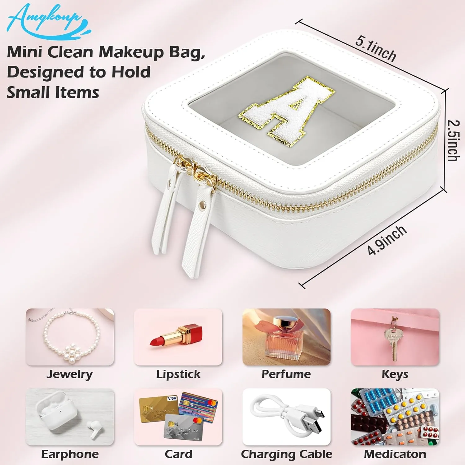 Clear Initial Makeup Bag,Mini Clear Makeup Bag,Personalized Small Clear Cosmetic Bag,Travel Makeup Bag Organizer,Cute Clear Waterproof Toiletry Bag with Zipper,Gifts for Women-A, White