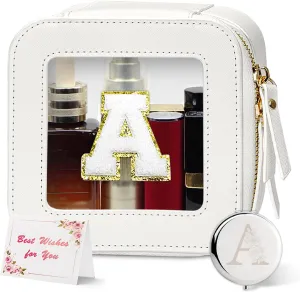 Clear Initial Makeup Bag,Mini Clear Makeup Bag,Personalized Small Clear Cosmetic Bag,Travel Makeup Bag Organizer,Cute Clear Waterproof Toiletry Bag with Zipper,Gifts for Women-A, White