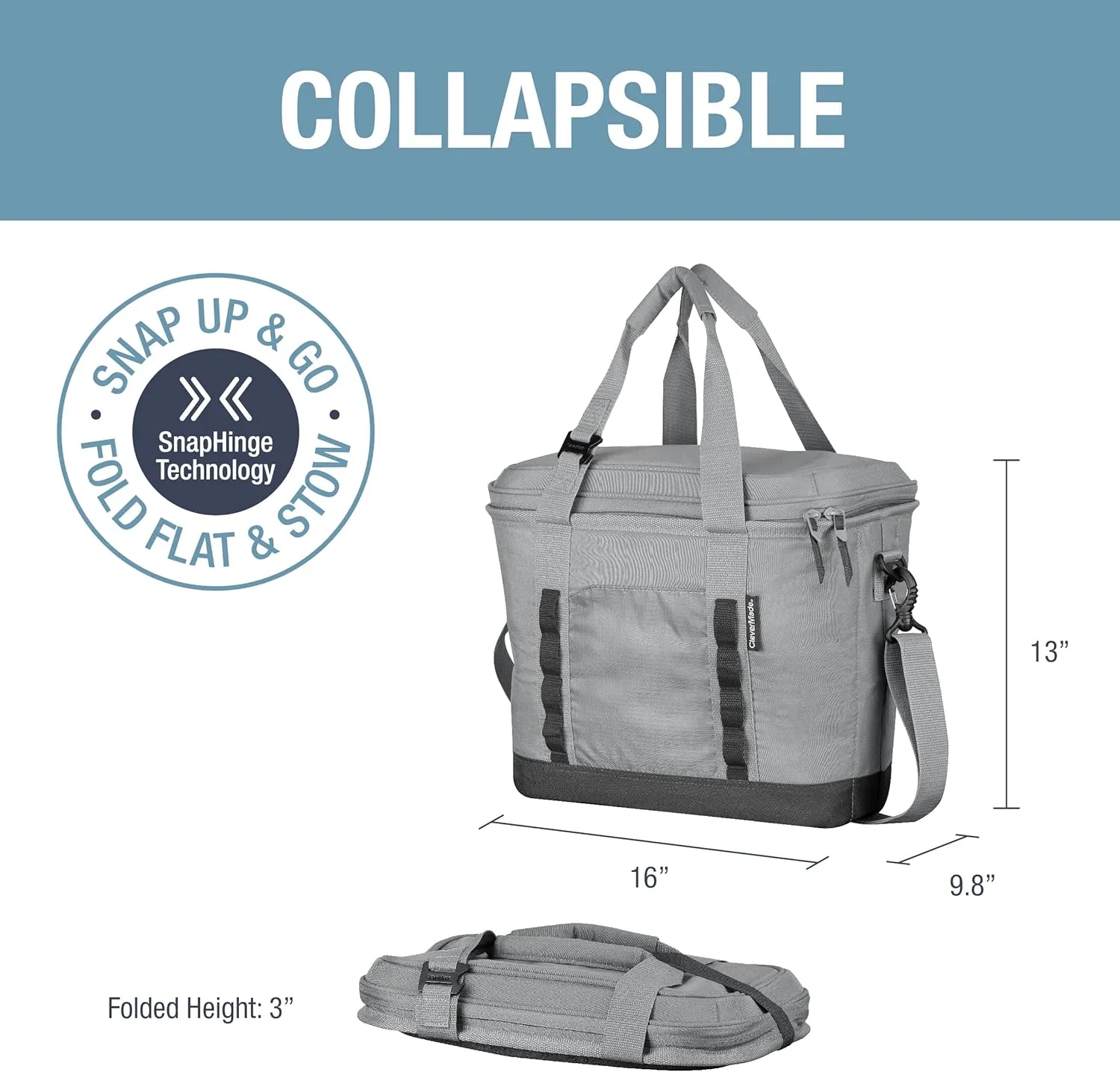 CleverMade Collapsible Cooler Bag, 30 Can Beach & Travel Car Cooler, Folding Soft Cooler, Shoulder Strap, Bottle Opener, Great Car Coolers for Travel, Leak Proof Cooler Bag [Grey/Charcoal]