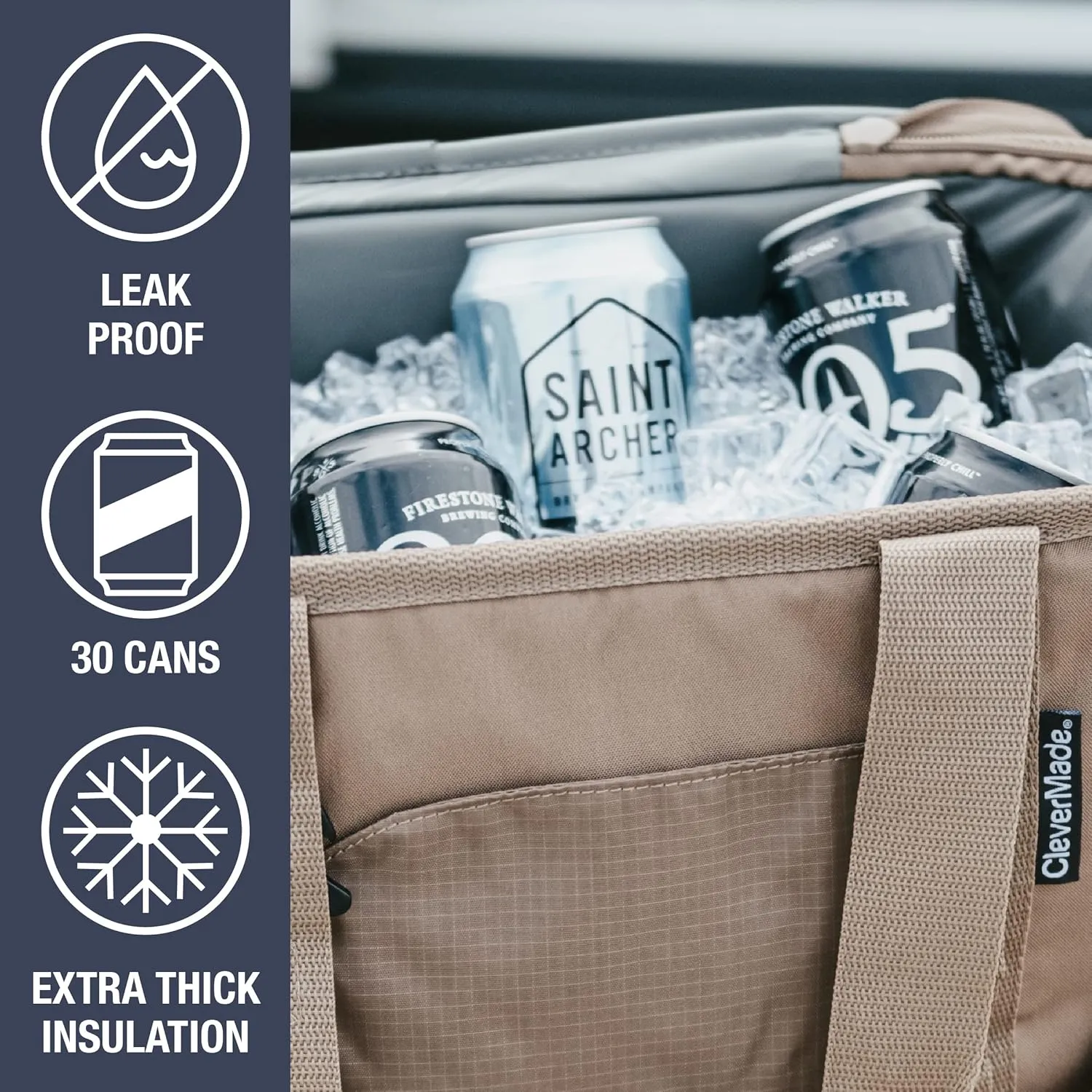 CleverMade Collapsible Cooler Bag, 30 Can Beach & Travel Car Cooler, Folding Soft Cooler, Shoulder Strap, Bottle Opener, Great Car Coolers for Travel, Leak Proof Cooler Bag [Grey/Charcoal]