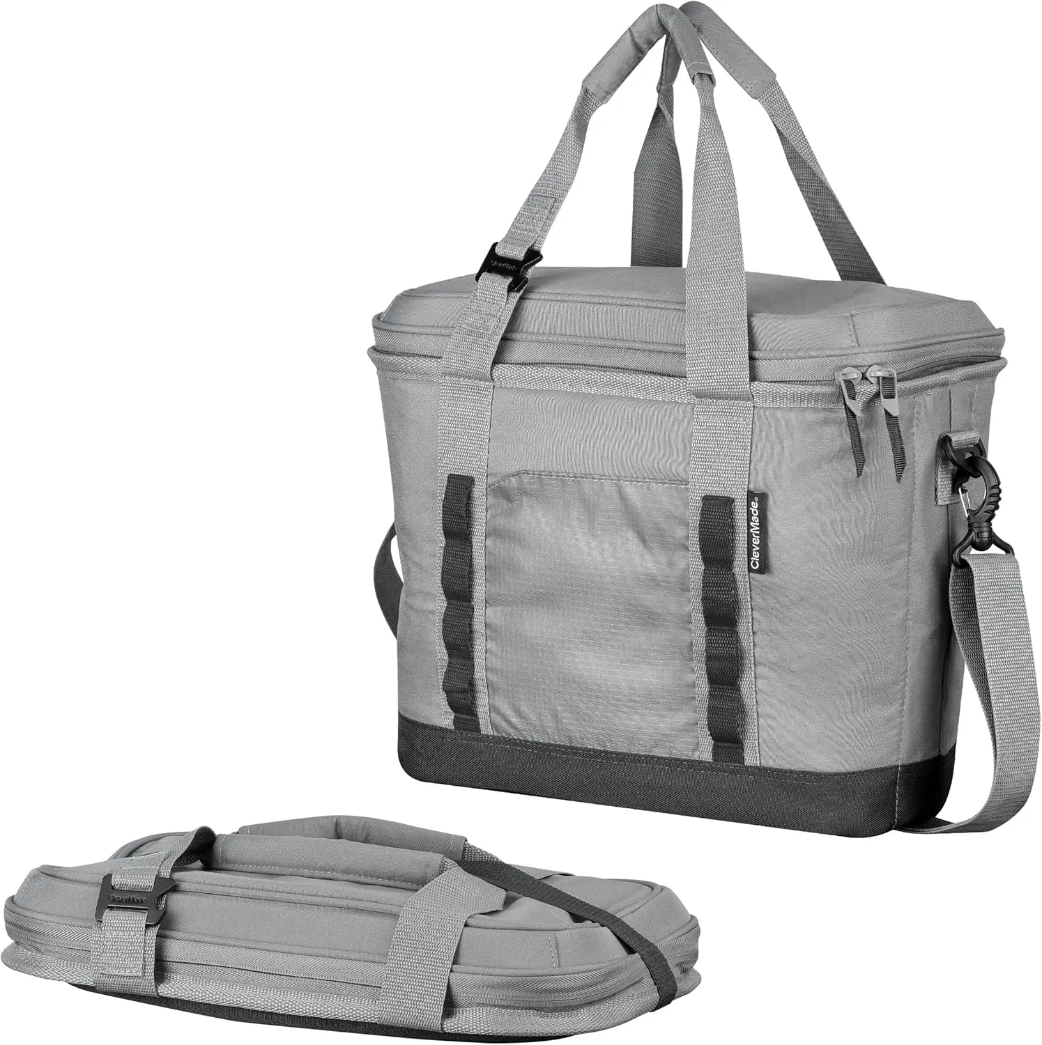 CleverMade Collapsible Cooler Bag, 30 Can Beach & Travel Car Cooler, Folding Soft Cooler, Shoulder Strap, Bottle Opener, Great Car Coolers for Travel, Leak Proof Cooler Bag [Grey/Charcoal]