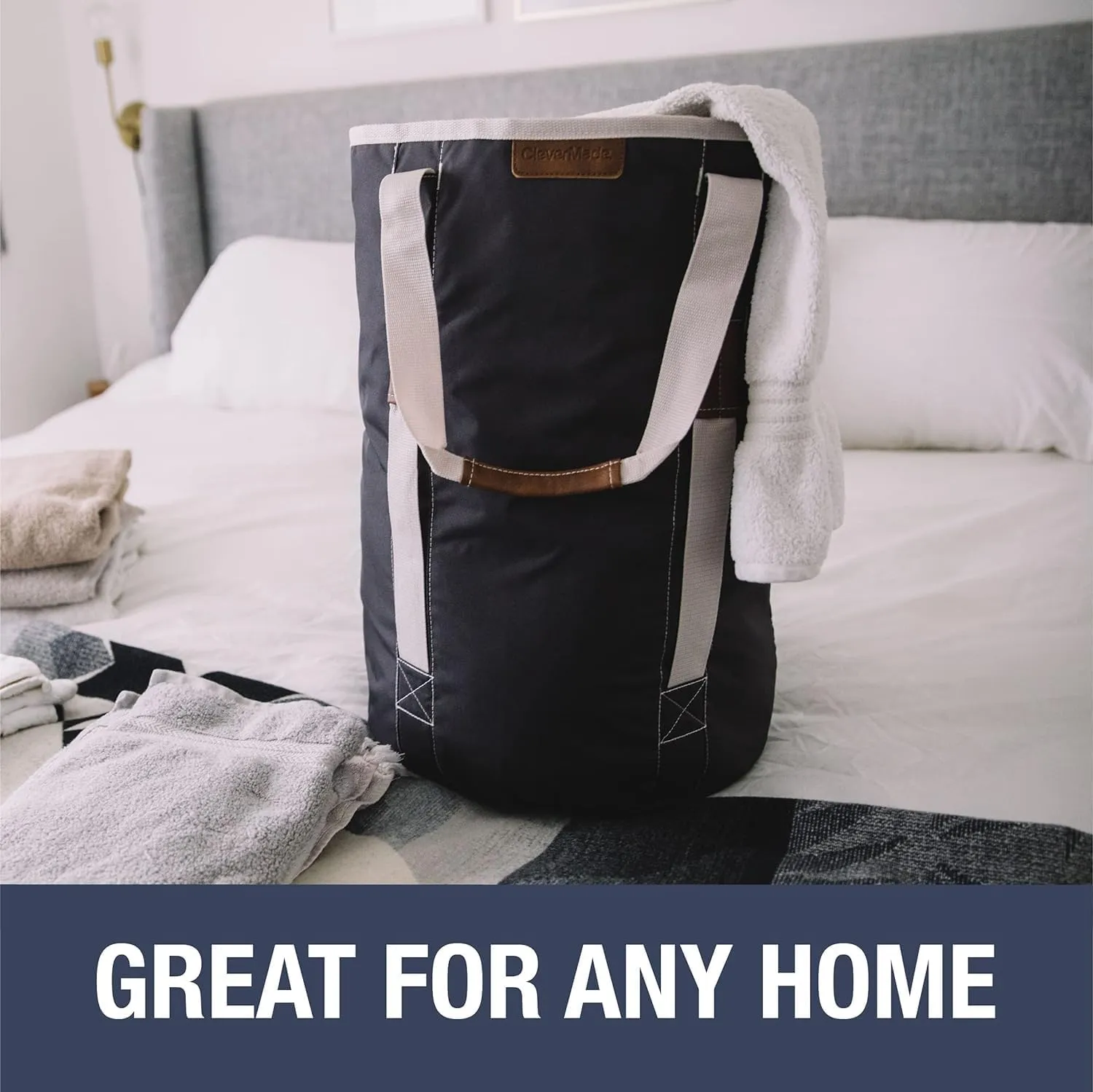 CleverMade Laundry Backpack Duffel Bag with Shoulder Straps - 62L / 16 Gal XL, Charcoal Cream,Drawstring Closure for Travel Clothes Gym College Dorm