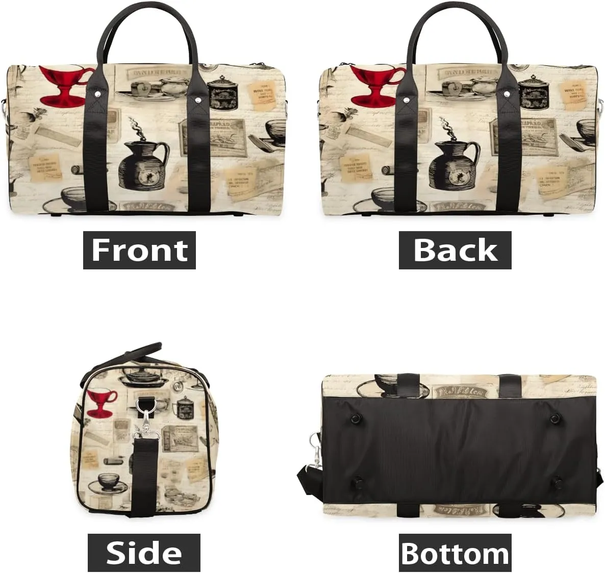 Coffee Theme Travel Duffle Bag for Women Men Gym Duffel Foldable Bag Waterproof Weekender Vintage Cup Duffle Tote