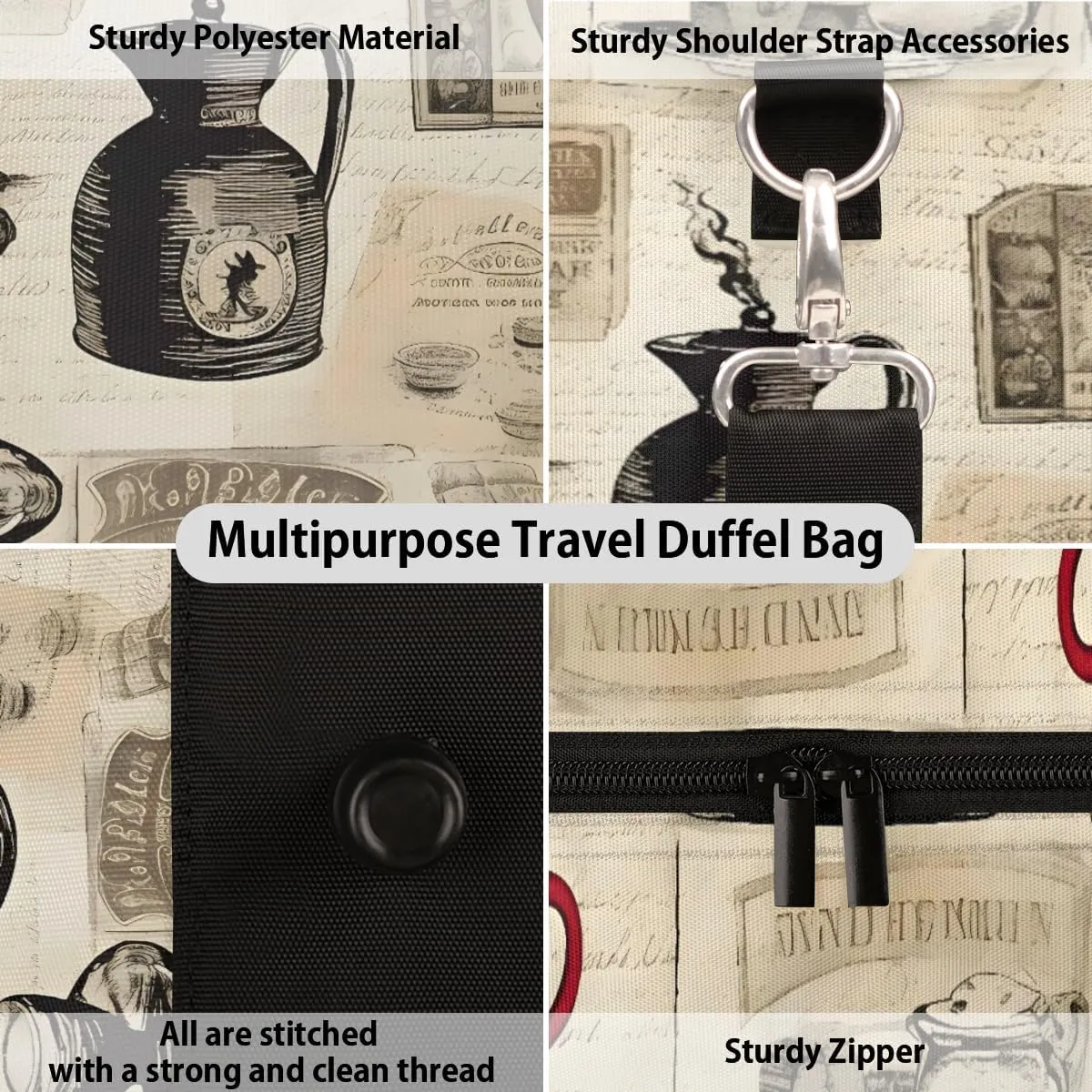 Coffee Theme Travel Duffle Bag for Women Men Gym Duffel Foldable Bag Waterproof Weekender Vintage Cup Duffle Tote