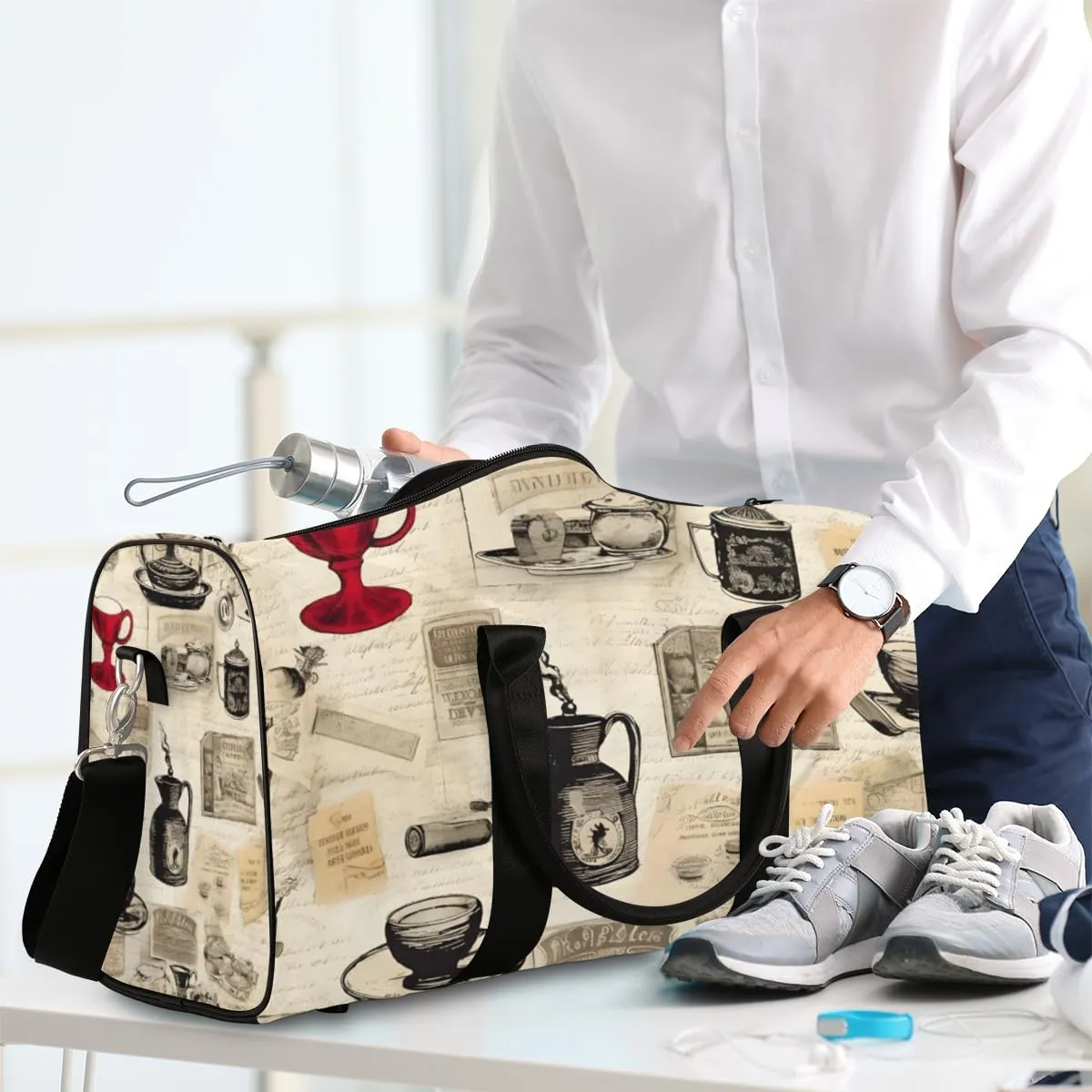 Coffee Theme Travel Duffle Bag for Women Men Gym Duffel Foldable Bag Waterproof Weekender Vintage Cup Duffle Tote