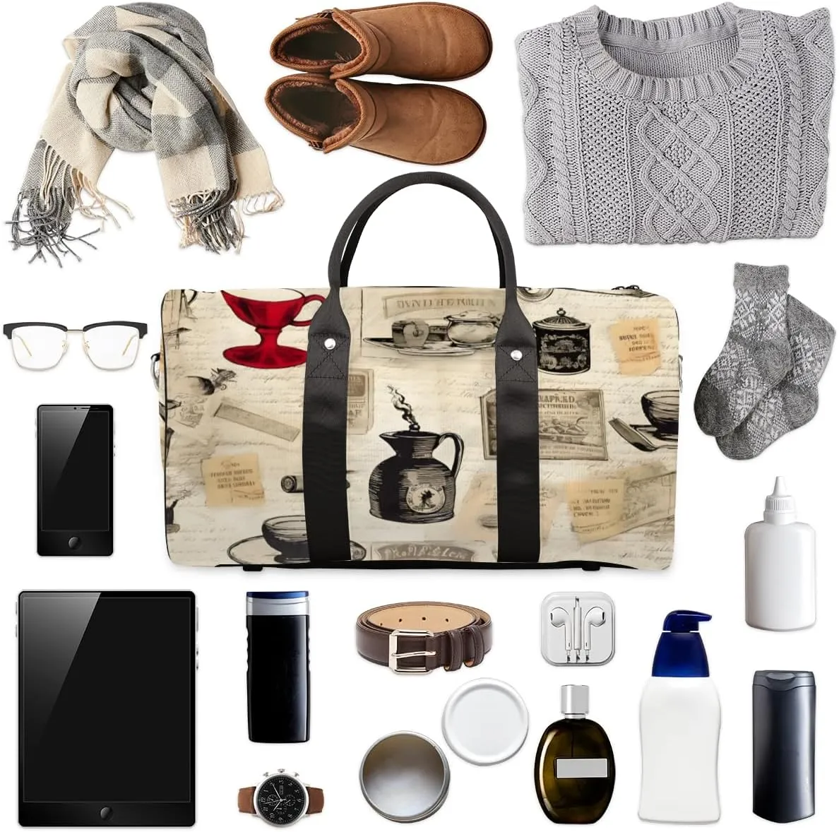 Coffee Theme Travel Duffle Bag for Women Men Gym Duffel Foldable Bag Waterproof Weekender Vintage Cup Duffle Tote